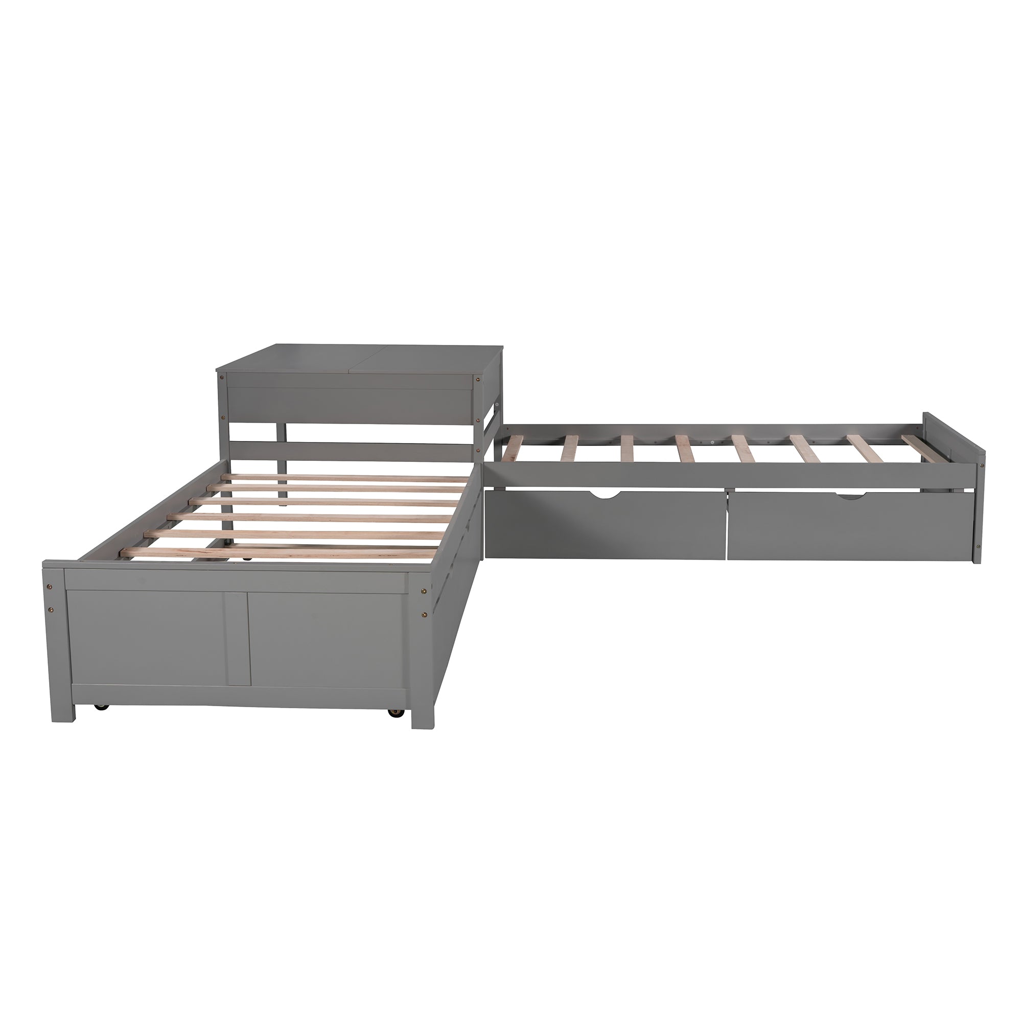 L-shaped Platform Bed with Trundle and Drawers Linked with built-in Desk,Twin,Gray(Old SKU:SM000916AAE-1)