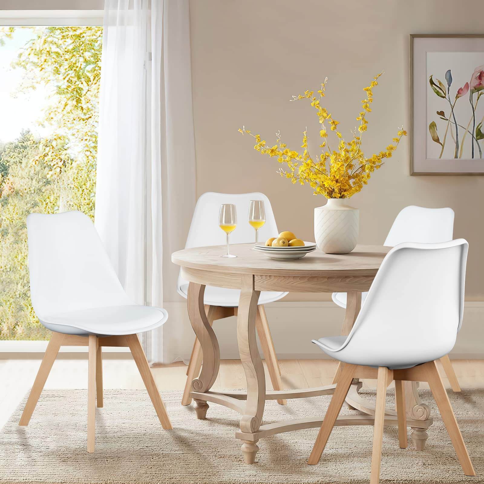 PU Leather Upholstered Dining Chairs with Wood Legs, Set of 4 for Kitchen, White