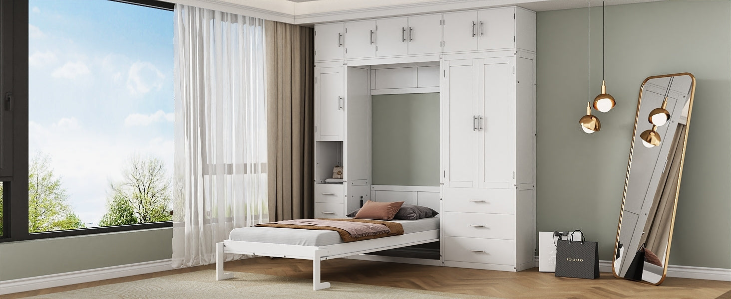 Twin Size Murphy Bed with Lockers and Wardrobes, With installation video, White