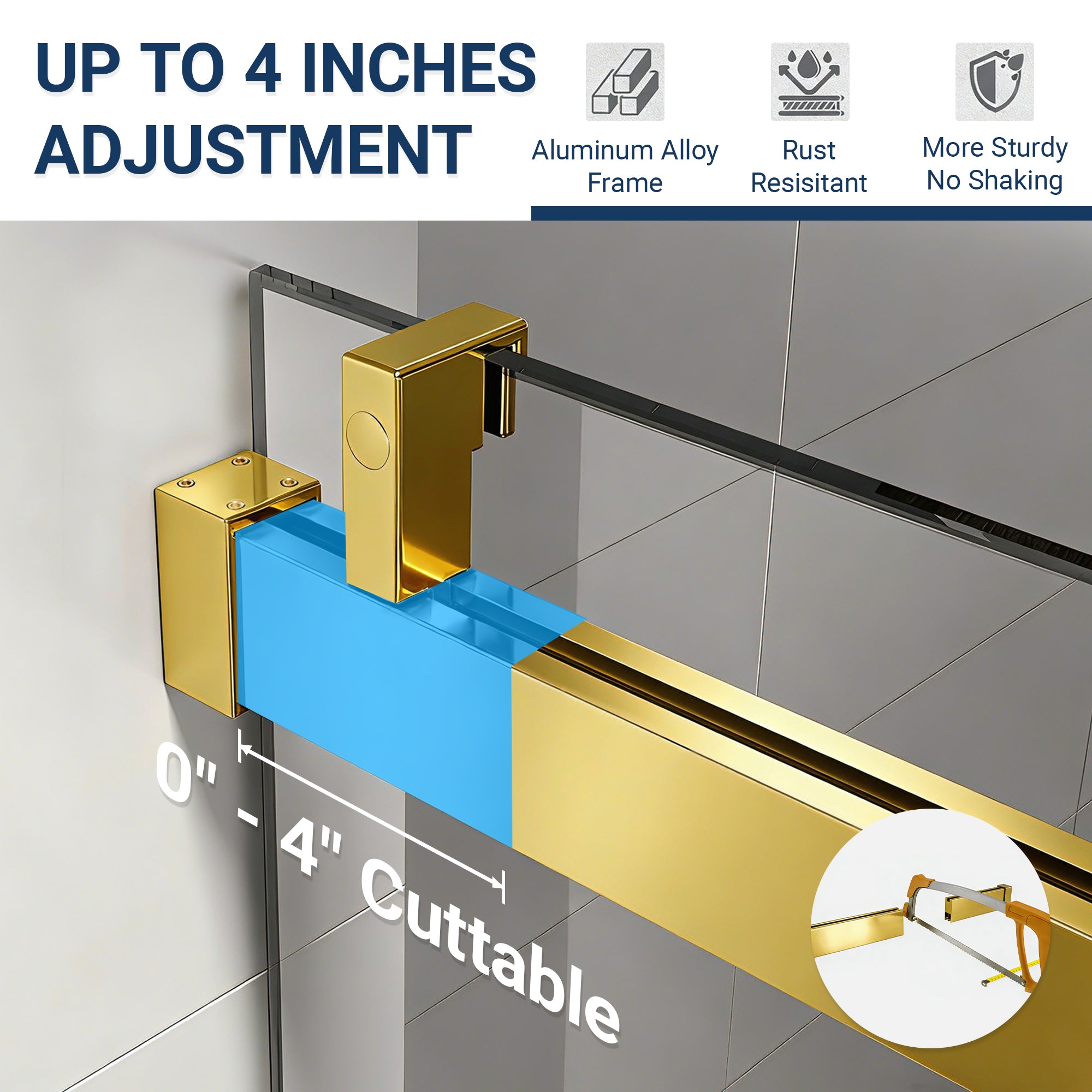 Frameless sliding shower door 56 to 60 inch gold finish detail view