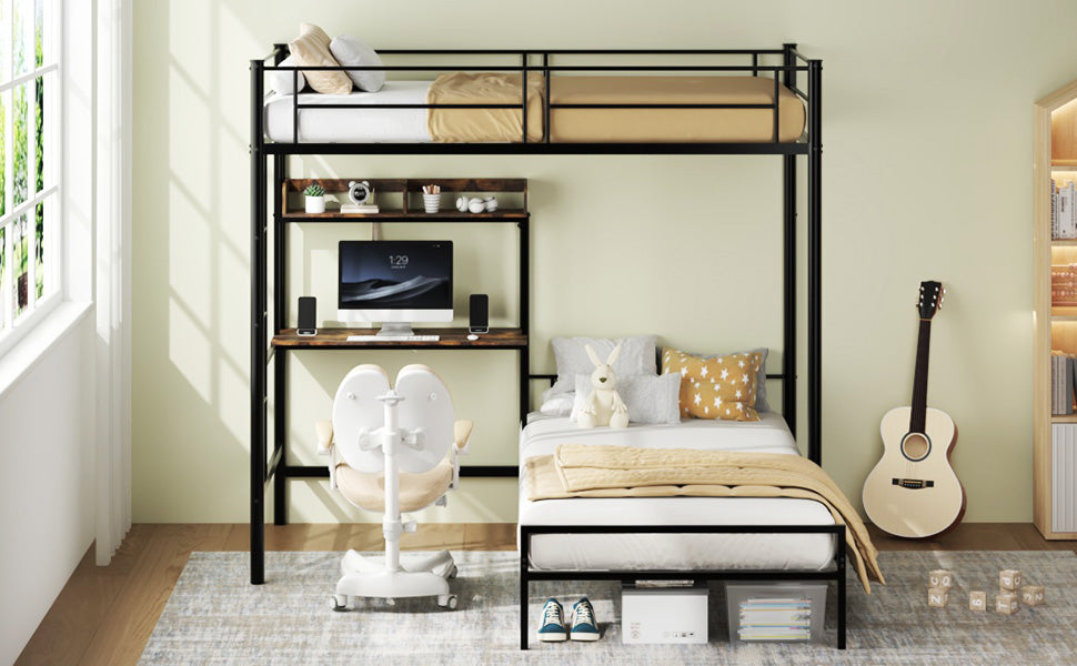 Black metal bunk bed with built-in desk and charging station, angled view