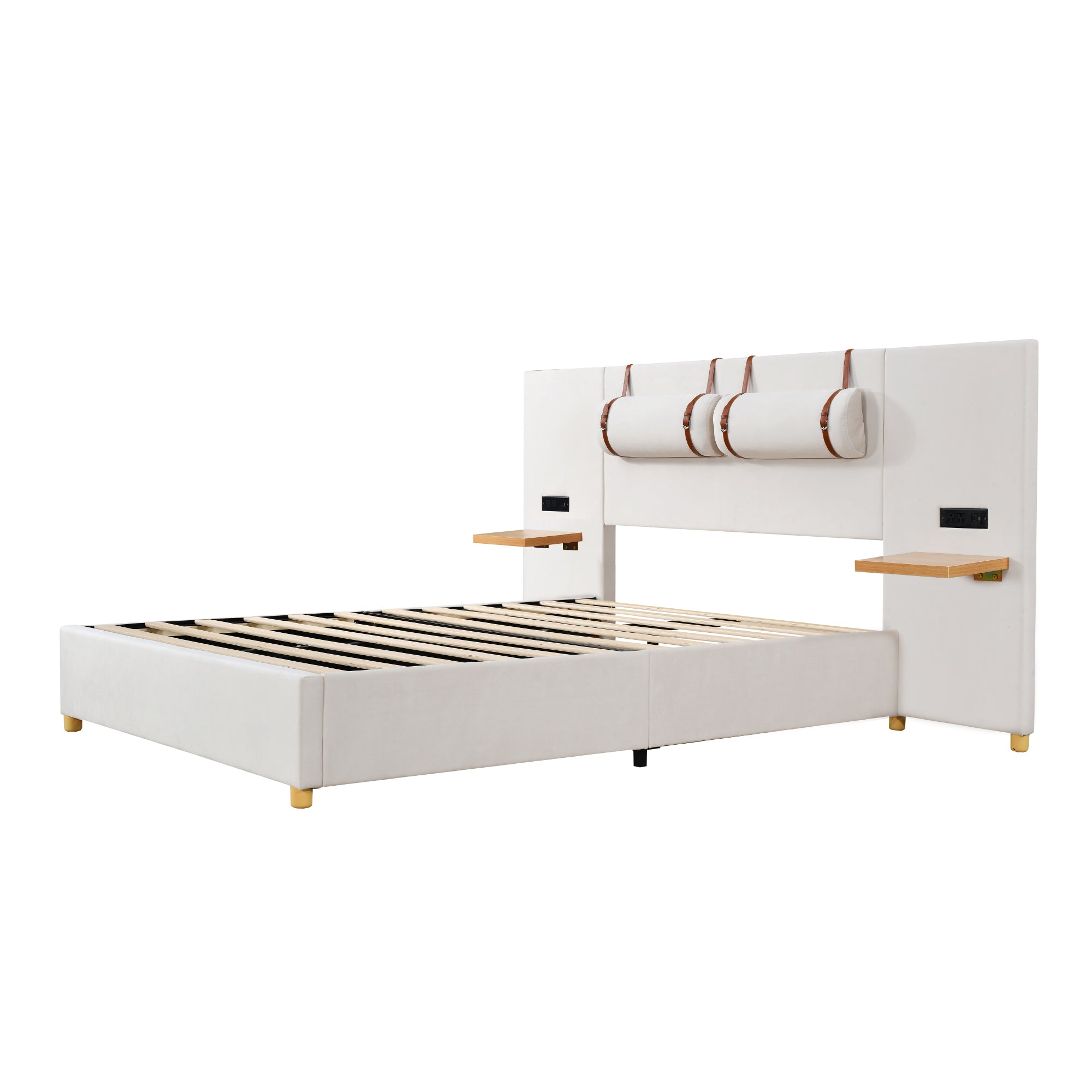 Full Size Upholstered Platform Bed, Two Outlets and USB Charging Ports on Both Sides, Two Bedside Pillows, Storage Shelves,Velvet,Beige