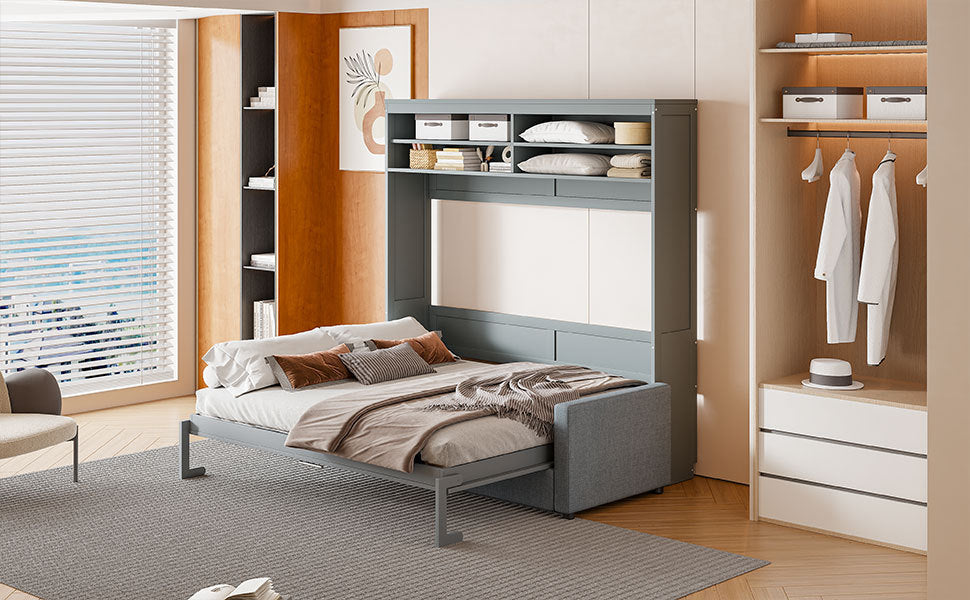 Queen Size Murphy Bed Wall Bed with Sofa,Gray