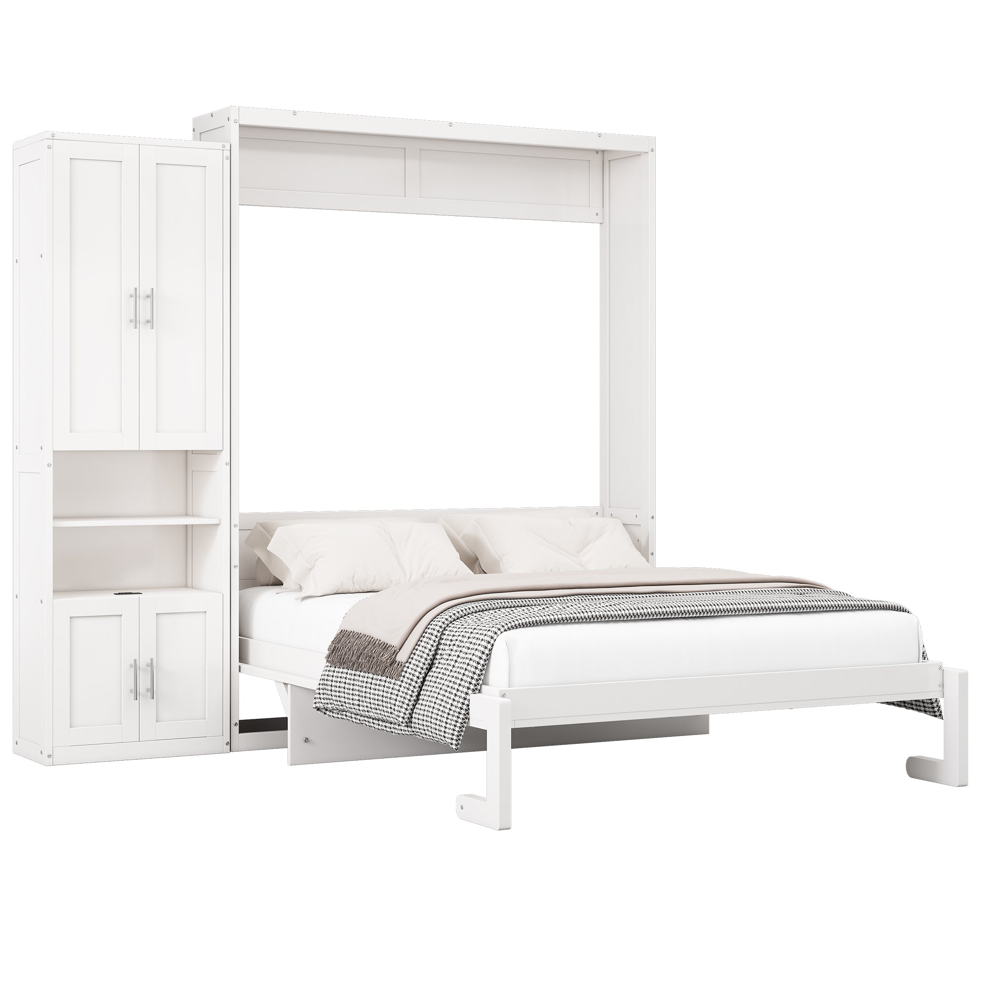 Queen Size Murphy Bed with 1 Side Cabinet Storage Shelf, 68-inch Cabinet Bed Folding Wall Bed with Desk Combo Perfect for Guest Room, Study, Office,White(old sku:BS300192AAC)