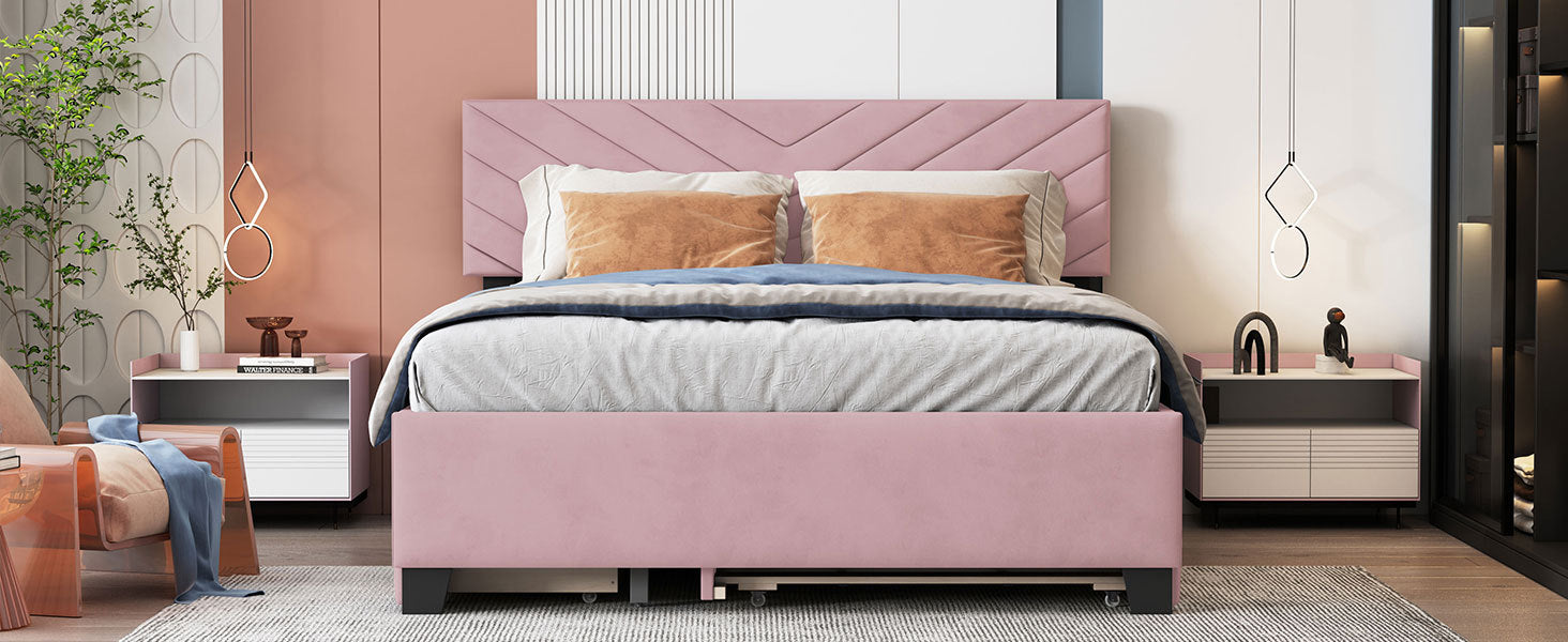 Queen Size Upholstered Platform Bed with Twill Headboard, Pullout Bed and Two Drawers, Flannel,Pink