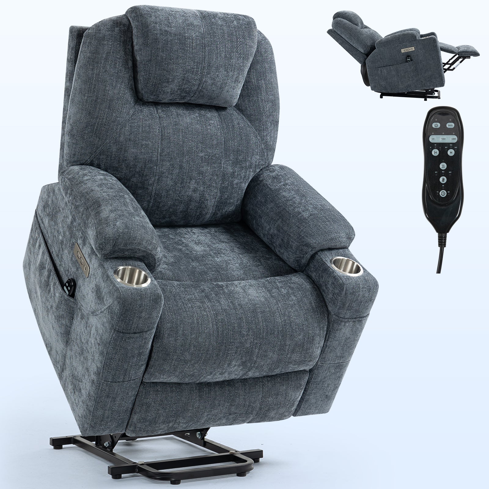 Up to 350 LBS Chenille Power Lift Recliner Chair, Heavy Duty Motion Mechanism with 8-Point Vibration Massage and Lumbar Heating, USB and Type-C Ports, Stainless Steel Cup Holders, Blue