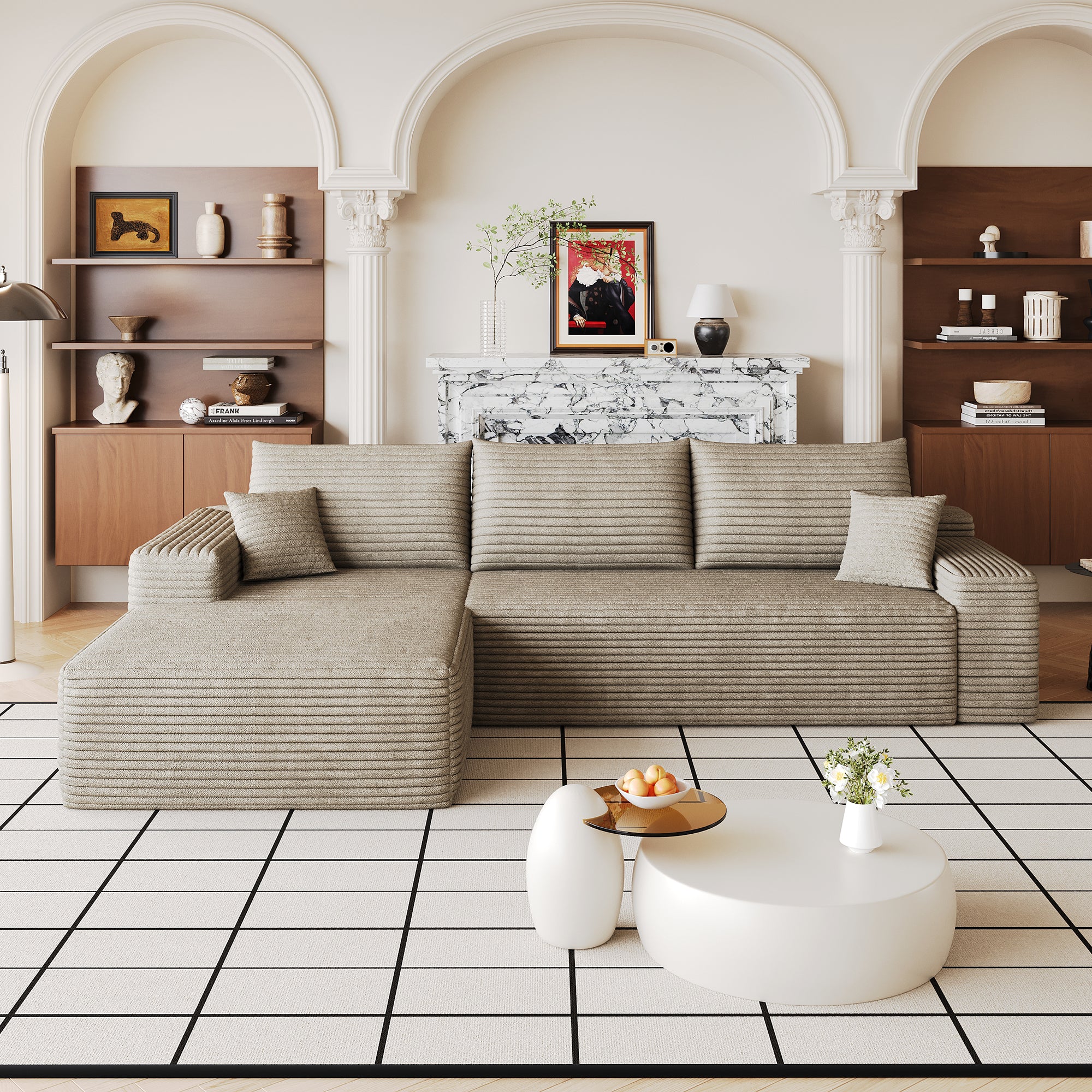 107 inch camel corduroy L-shape sectional sofa, full front view