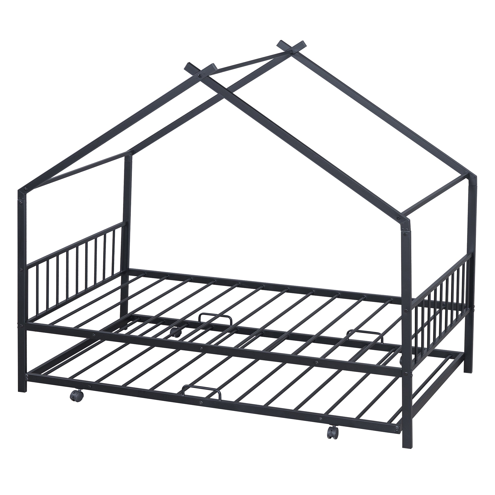 Twin Size Metal House Bed with Twin Size Trundle, Black