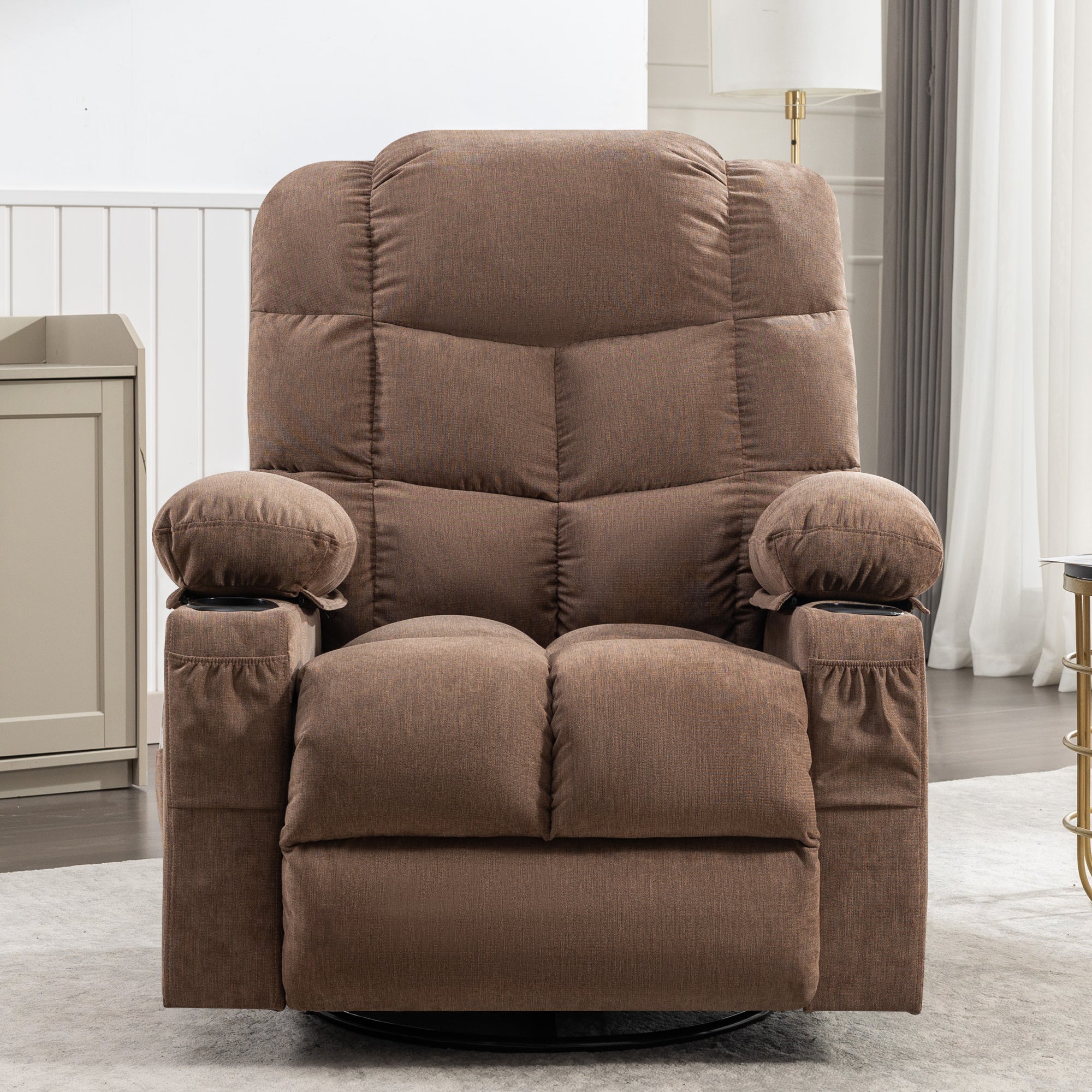 Massage Rocker Recliner Chair Rocking Chairs for Adults Oversized with 2 Cup Holders, USB Charge Port Soft Features a Manual Massage and Heat.(A+B)BROWN