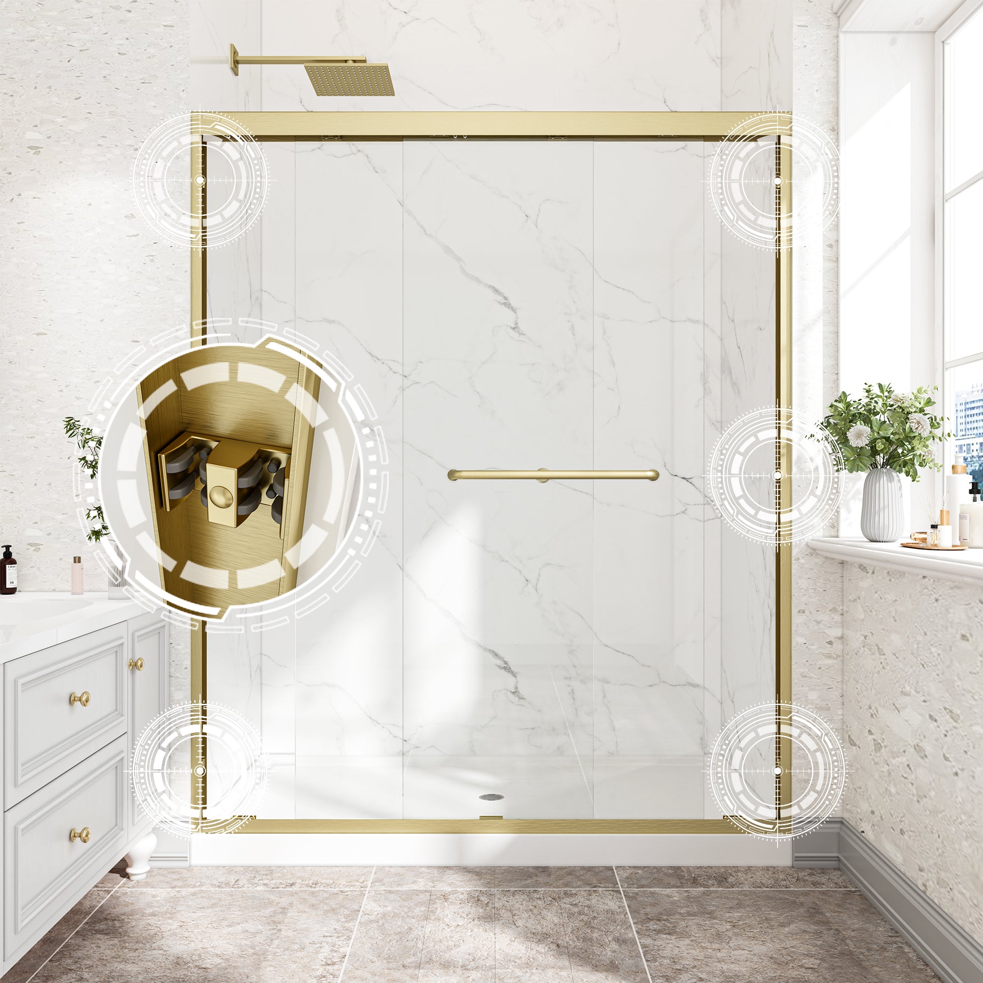 55-60 x 72 in Brushed Gold Double Bypass Shower Door - 55-60 x 72 in / Brushed Gold view 5