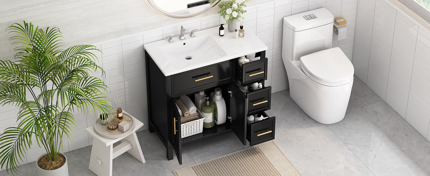 36" Bathroom Vanity with Sink Top, Bathroom Vanity Cabinet with Two Doors and Three Drawers, Solid Wood , MDF Boards ,One Package, Black