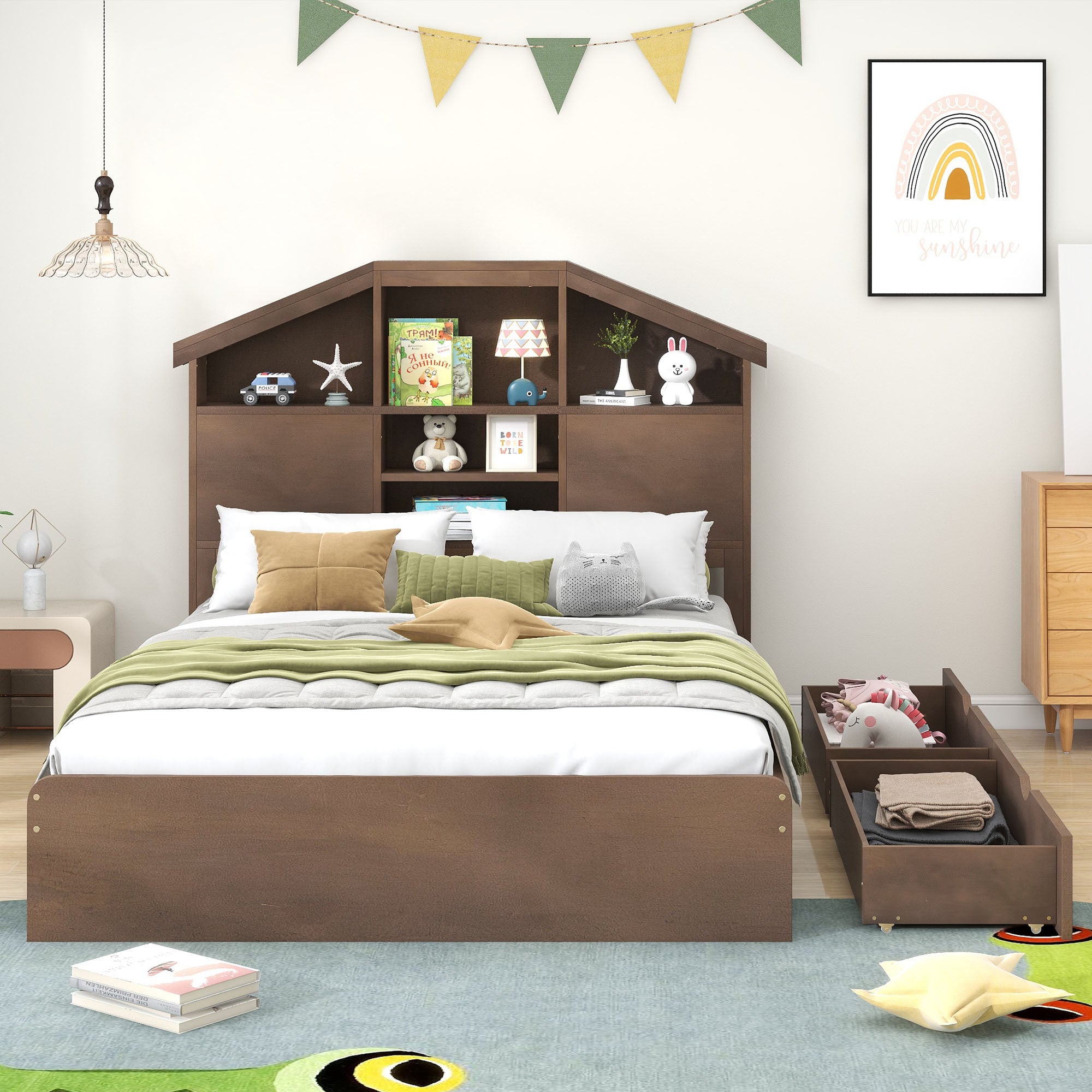 Full Size Wood Platform Bed with House-shaped Storage Headboard and 2 Drawers, Walnut