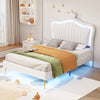 Twin Size Upholstered Bed Frame with LED Lights, Modern Upholstered Princess Bed With Crown Headboard,White