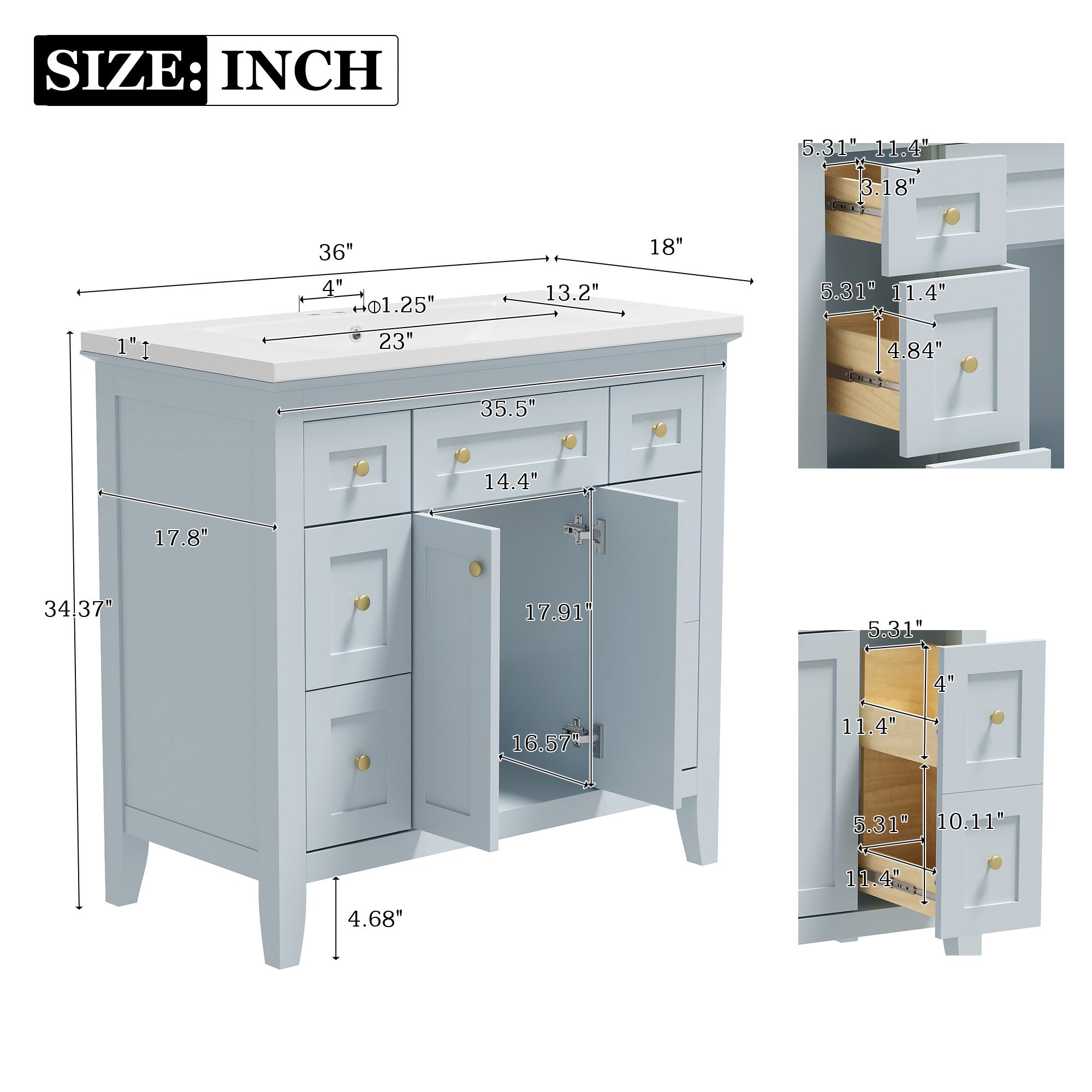 36'' Bathroon Vanity with Resin Sink Combo Set, Modern Freestanding Single Bathroom Cabinet with 6 Drawers & 2 Cabinets, Storage Cabinet for Bathroom, Solid Wood Frame Vanity Set, Light Blue