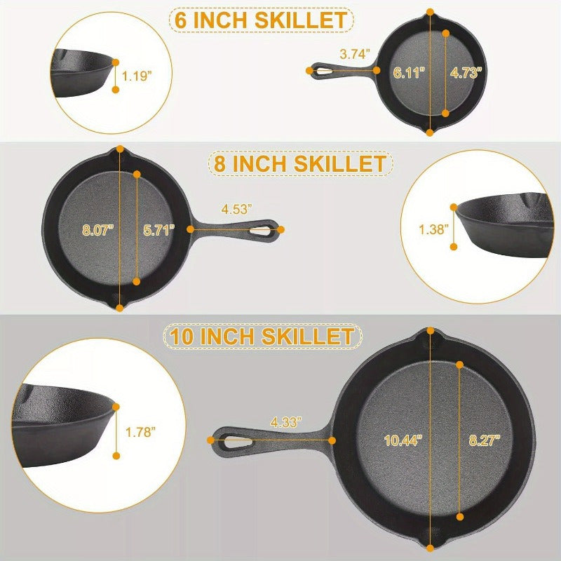 3-Pack 6"/8"/10" Kitchen Frying Pan Pre-Seasoned Cast Iron Frying Pan Set