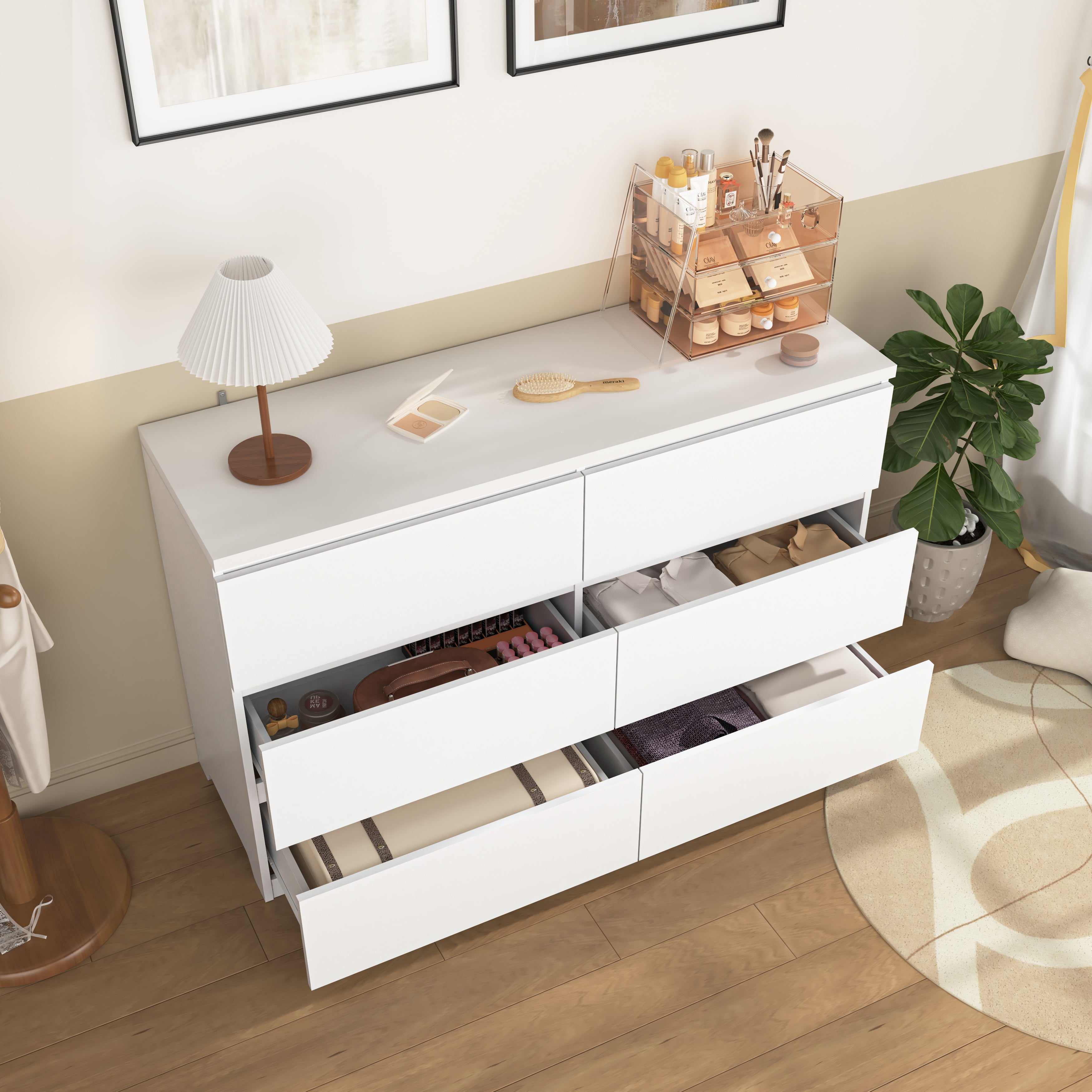 White wood storage tower dresser, side detail view