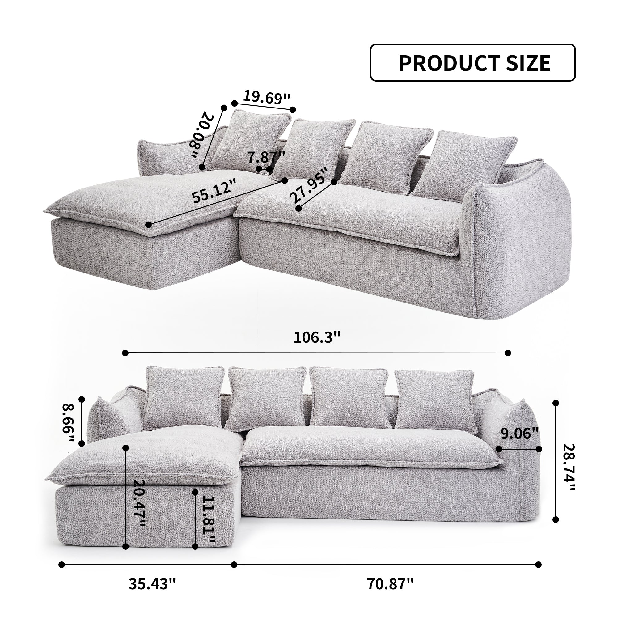 VIDEO provided   Sofa Deep Seat Sofa 3 Seater for Living Room Oversized Comfy Sofa L-Shape Sofa Couch with Chaise Home Furniture Sleeper Sectional Sofa for Apartment, Office Left Hand Facing