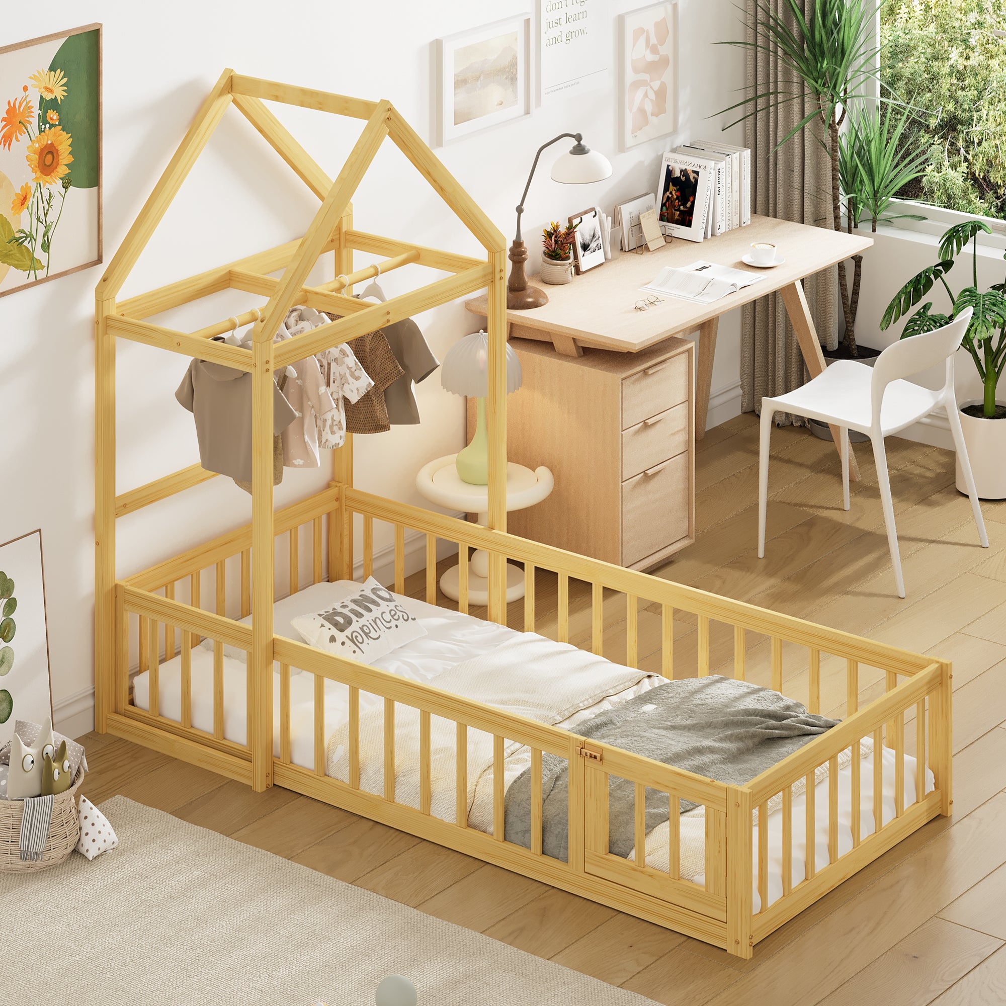 Wooden Floor Bed with Fence Railings and Detachable House Shape Headboard, Twin Size Bed with Kids Dress Up Rack, Kids Montessori Style Playhouse Frame for Girls Boys, Natural