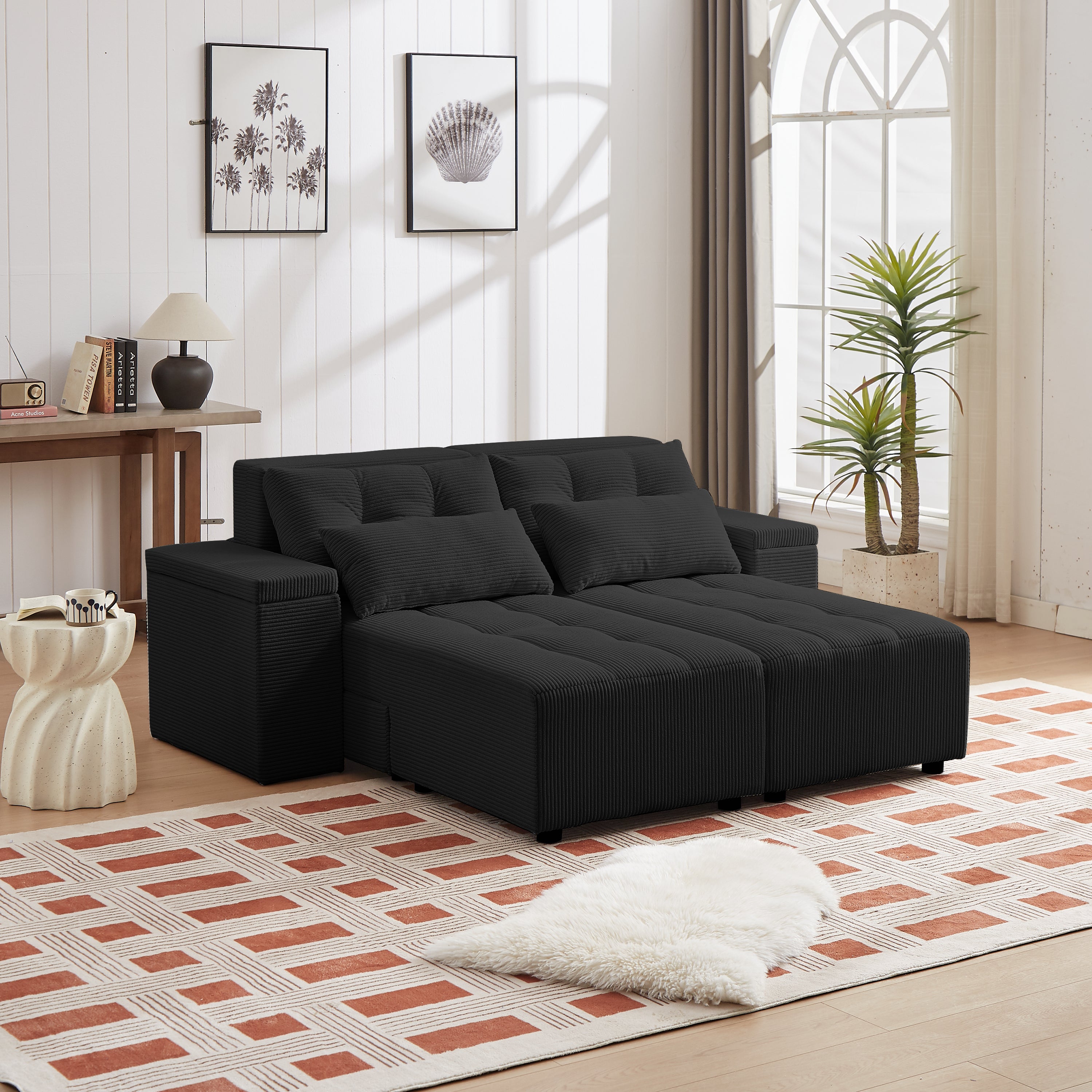 Convertible 3 in 1 Sleeper Sofa and Sectional Sofa with 4 Storage Space for Living Room,Corduroy Couch With 4 pillows,Corduroy