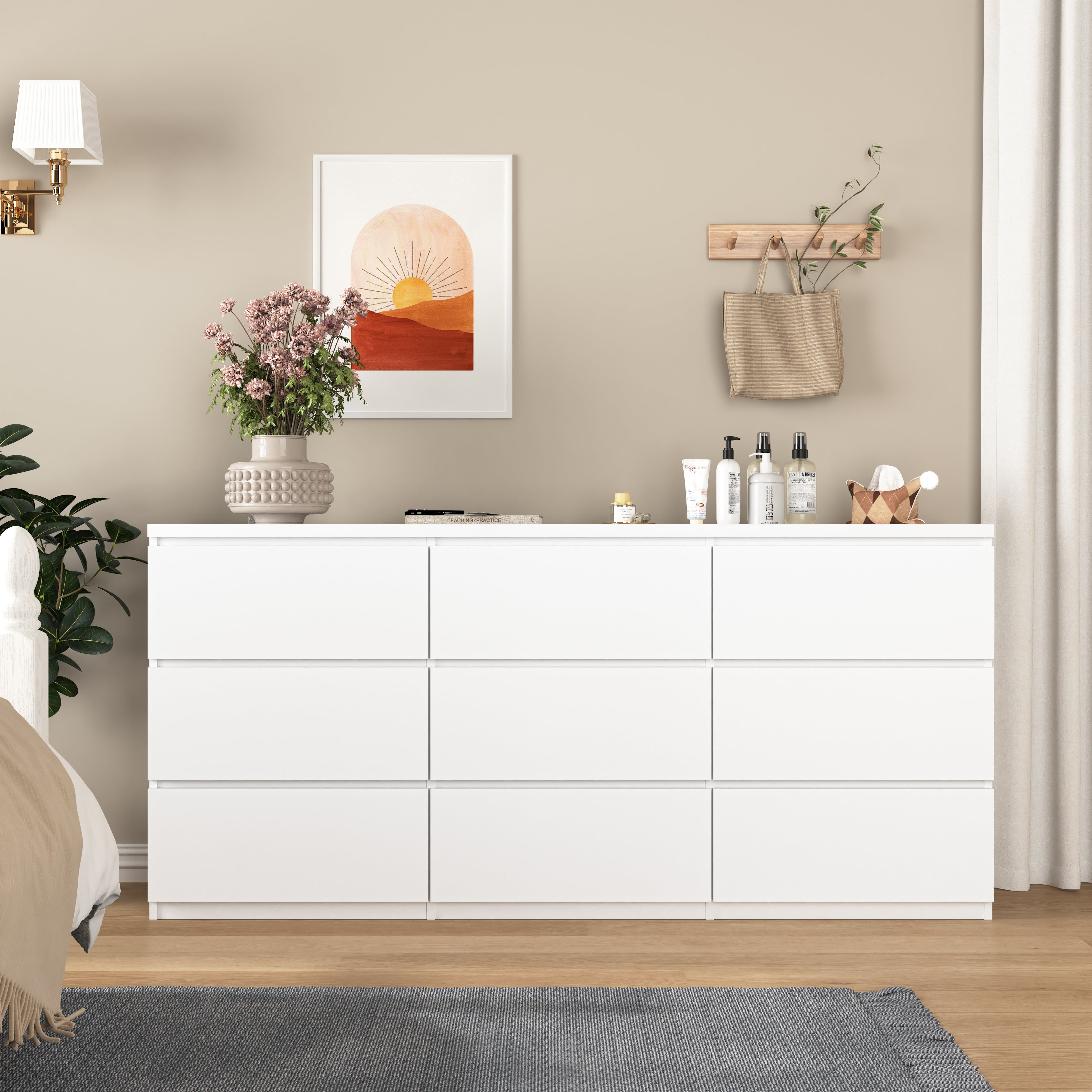 White matte handleless dresser, 9-drawer bedroom room scene