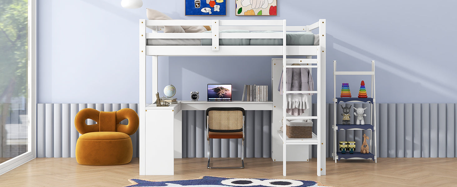 Twin Size Loft Bed with L-shaped Desk, Wardrobe and Storage Shelves, White