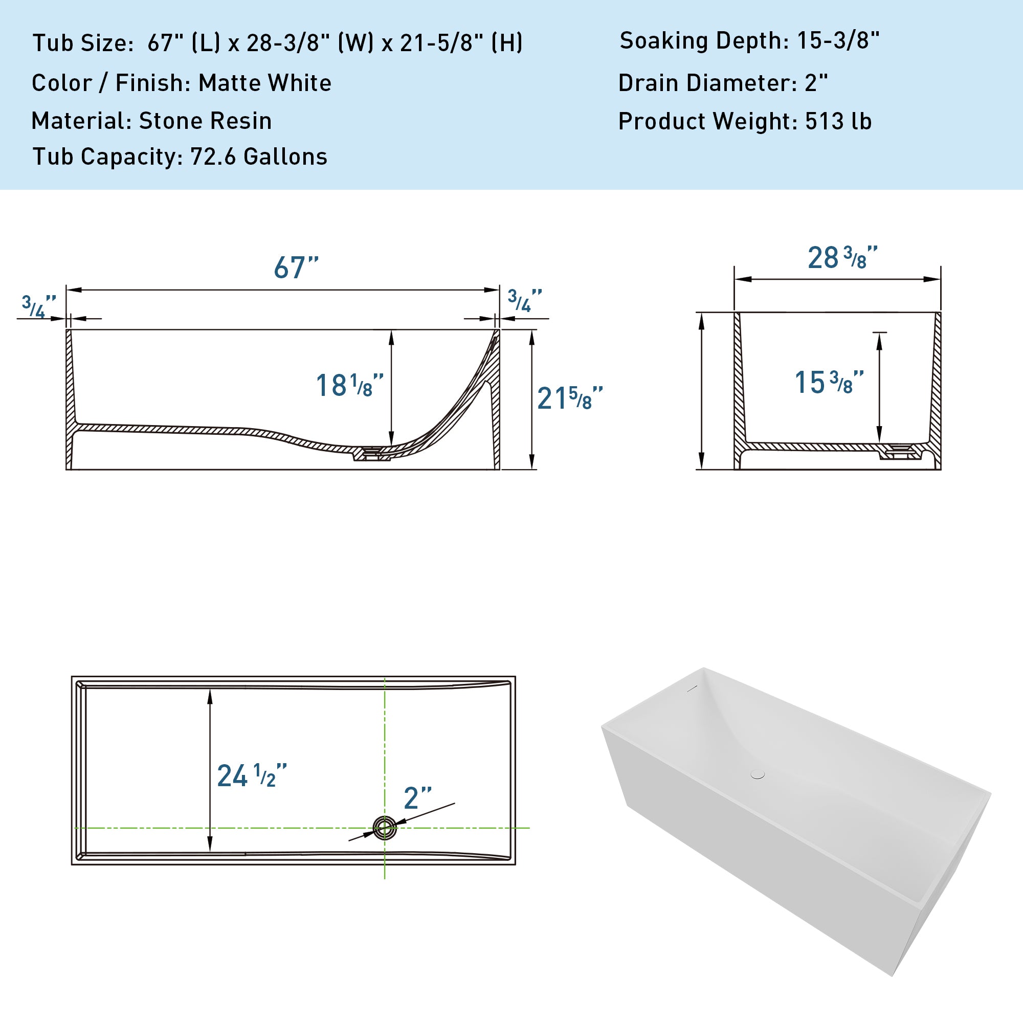 67" Freestanding Solid Surface Bathtub, Stone Resin Freestanding Bath Tub with Overflow and Pop-up Drain, Matte White 24S01-67MW