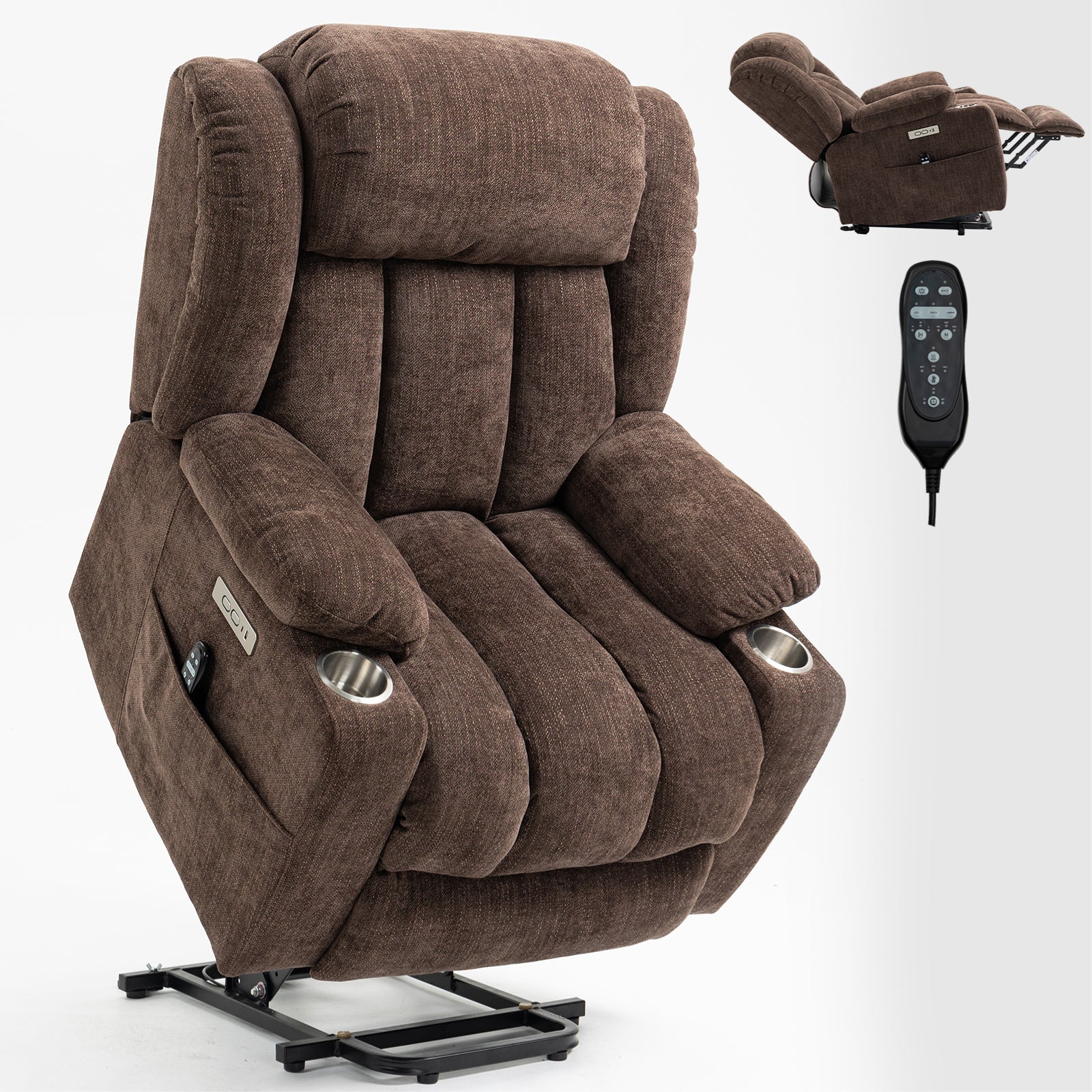 Up to 350 LBS Chenille Power Lift Recliner Chair, Heavy Duty Motion Mechanism with 8-Point Vibration Massage and Lumbar Heating, USB and Type-C Ports, Stainless Steel Cup Holders, Brown