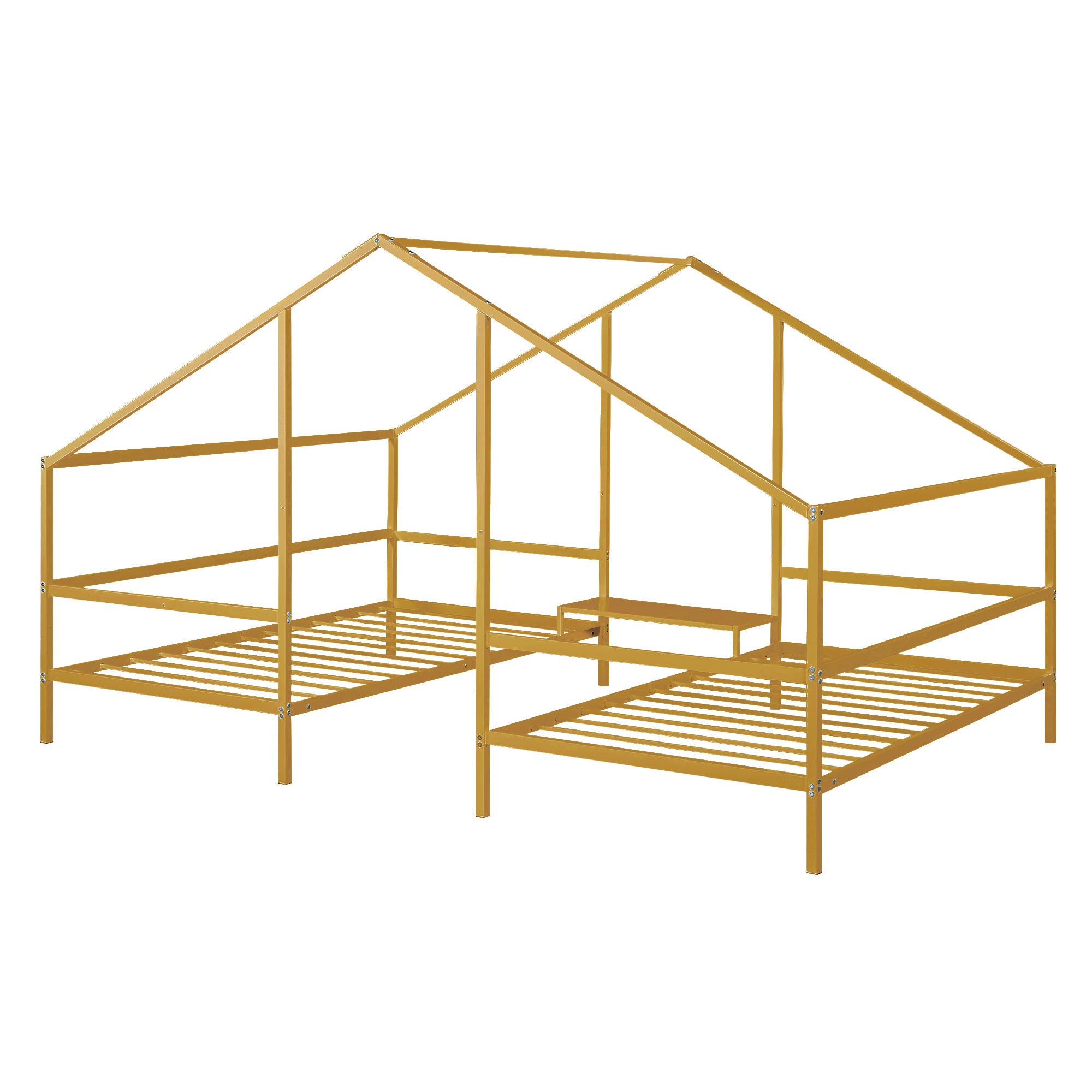 Metal Double Twin Size Triangular House Beds with Built-in Table, Gold