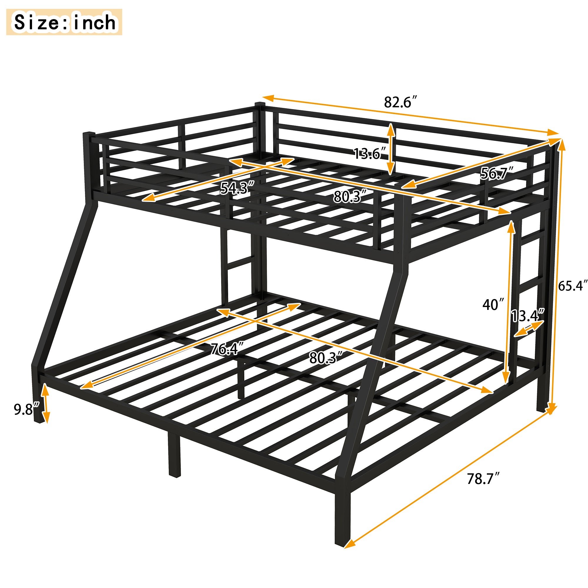 Metal Full XL over King Bunk Bed for Teens and Adults,Space-Saving/Noise Reduced/No Box Spring Needed, Black