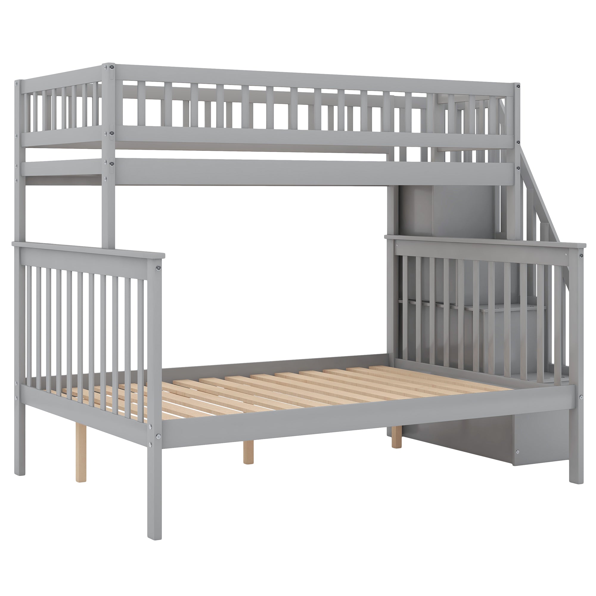 Twin over Full Stairway Bunk Bed with Storage, Gray