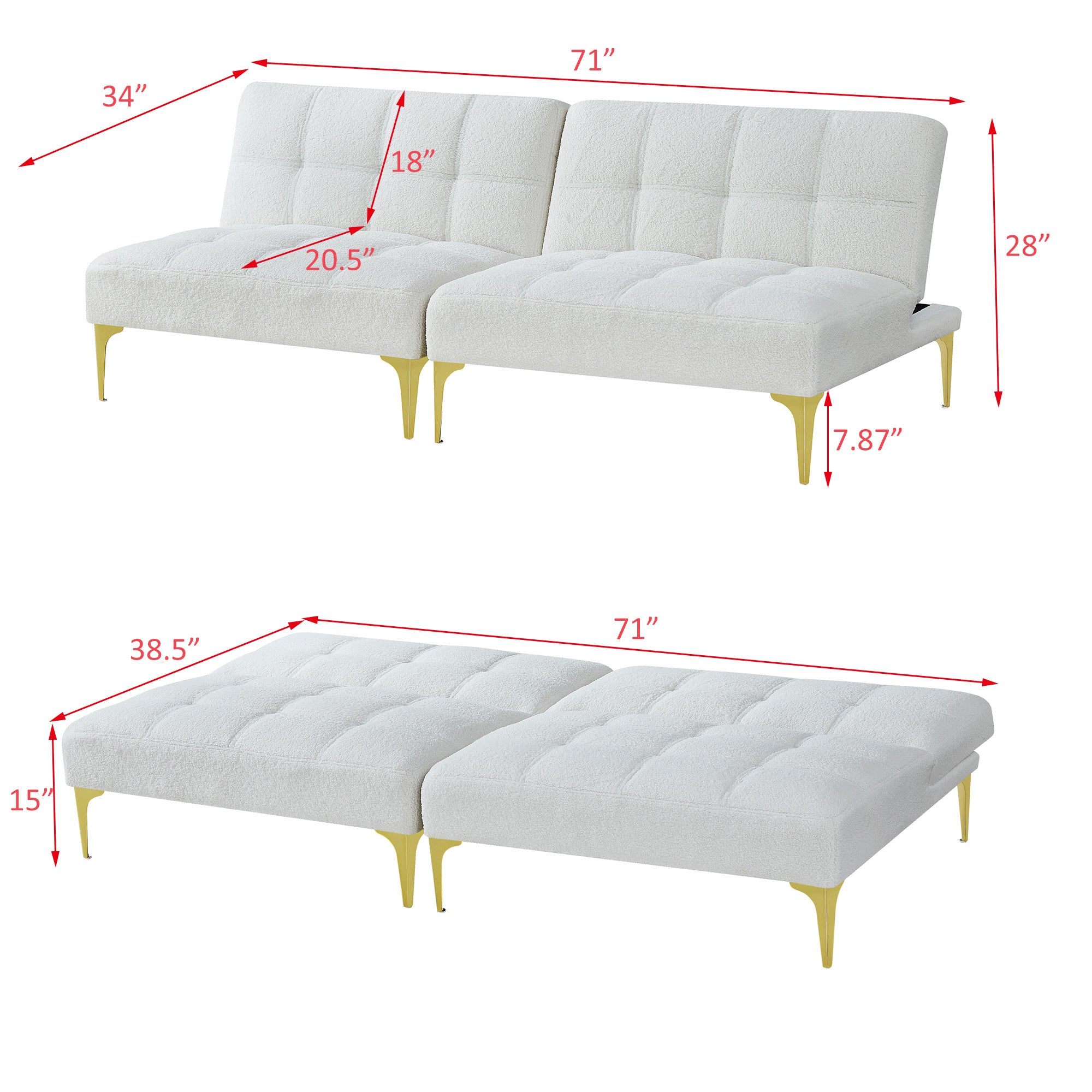 Convertible sofa bed futon with gold metal legs teddy fabric (White)