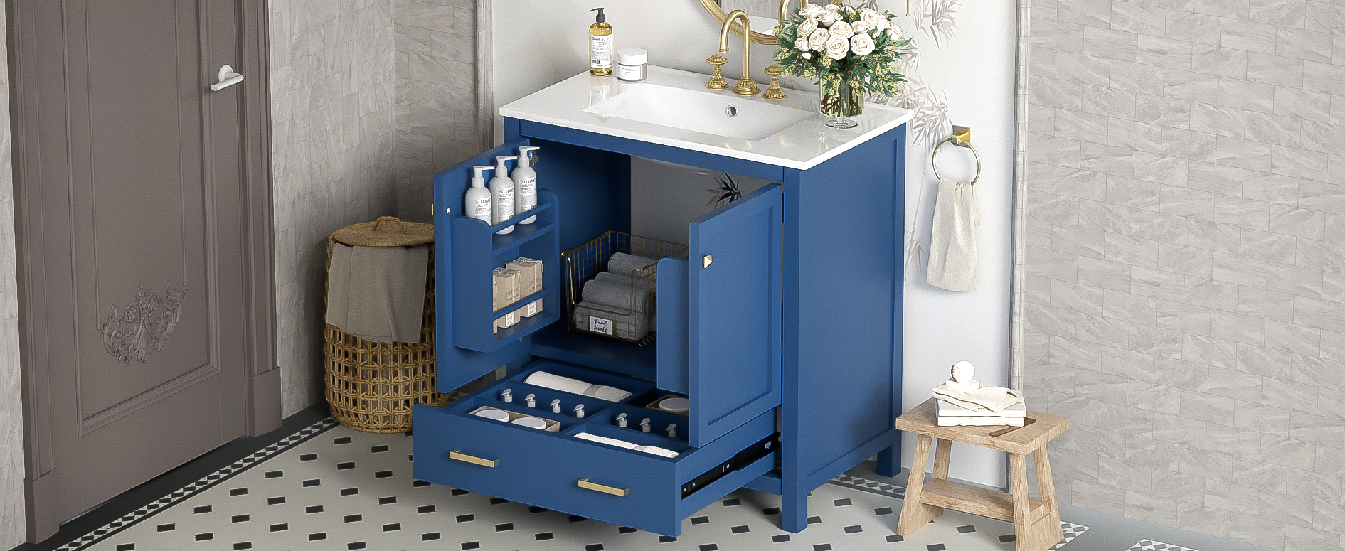 30" Blue Bathroom Vanity with Single Sink, Combo Cabinet Undermount Sink, Bathroom Storage Cabinet with 2 Doors and a Drawer, Soft Closing, Multifunctional Storage, Solid Wood Frame