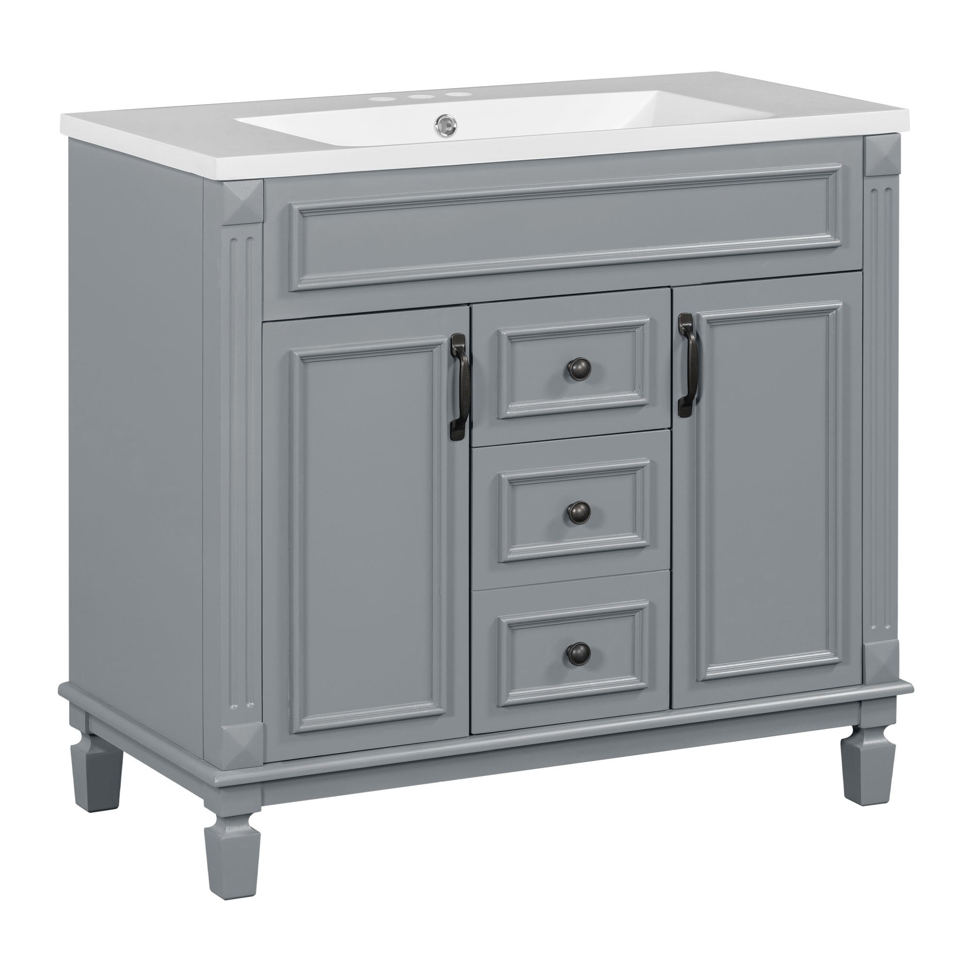 36'' Bathroom Vanity with Top Sink, Grey Mirror Cabinet, Modern Bathroom Storage Cabinet with 2 Soft Closing Doors and 2 Drawers, Single Sink Bathroom Vanity