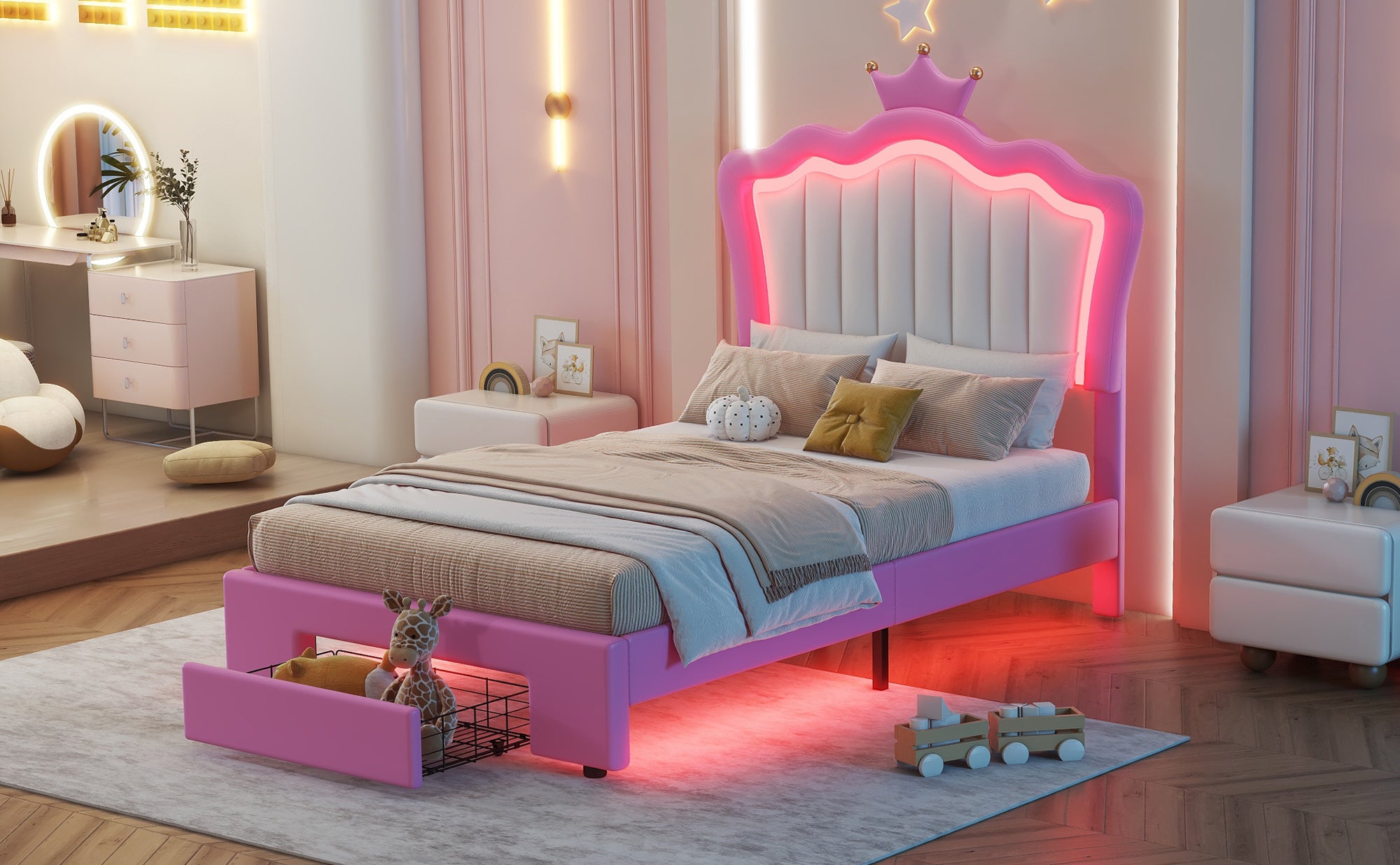 Twin Size Upholstered Bed Frame with LED Lights, Modern Upholstered Princess Bed with Crown Headboard, a Drawer, Pink+White