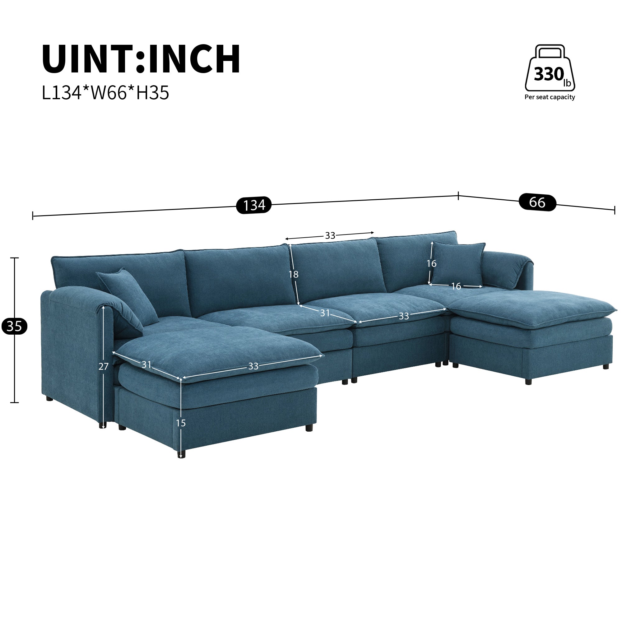 [VIDEO provided] [New] 134*66" Chenille Modular Sectional Sofa,U Shaped Cloud Couch Set with Double Cushions ,6 Seat Sleeper Sofa Bed with Ottomans,Oversized Indoor Furniture for Living Room, 3 Colors