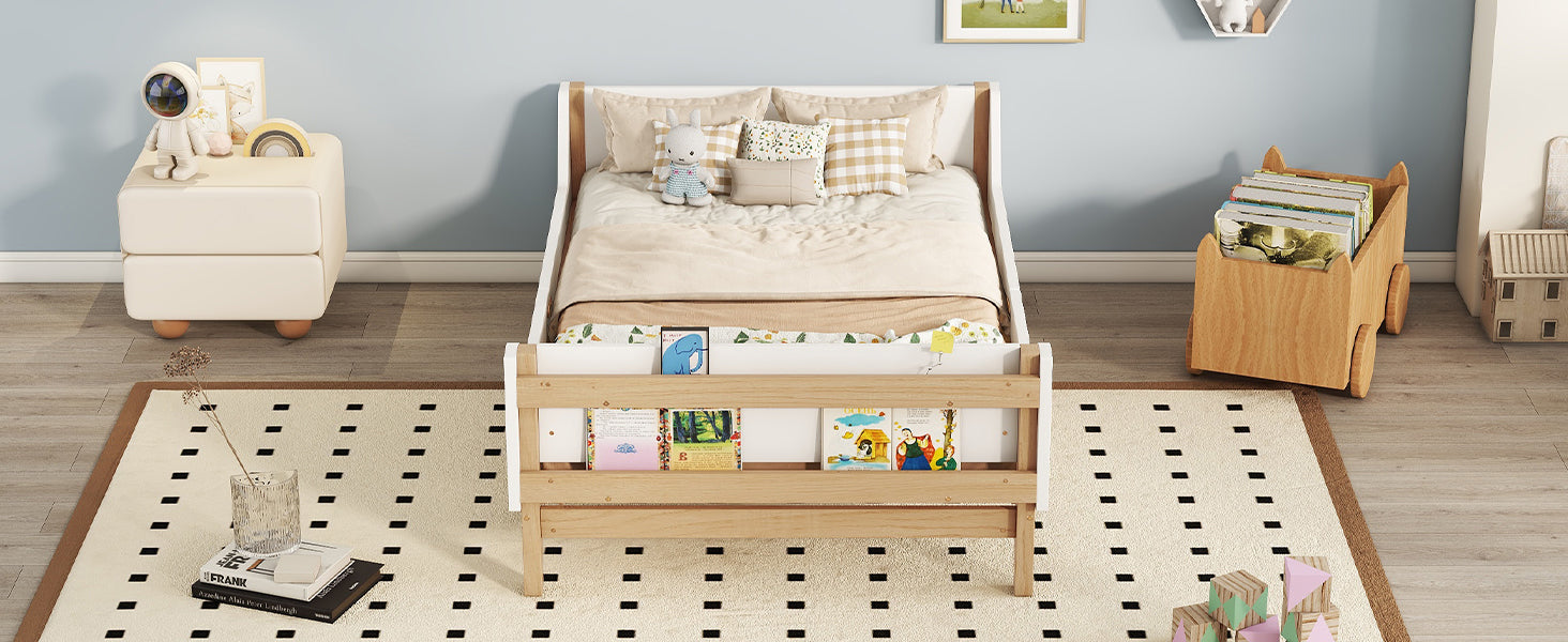 Twin Bed with Headboard, Footboard, Safeguards,  Built-in Bed-end Book Storage Rack ,White