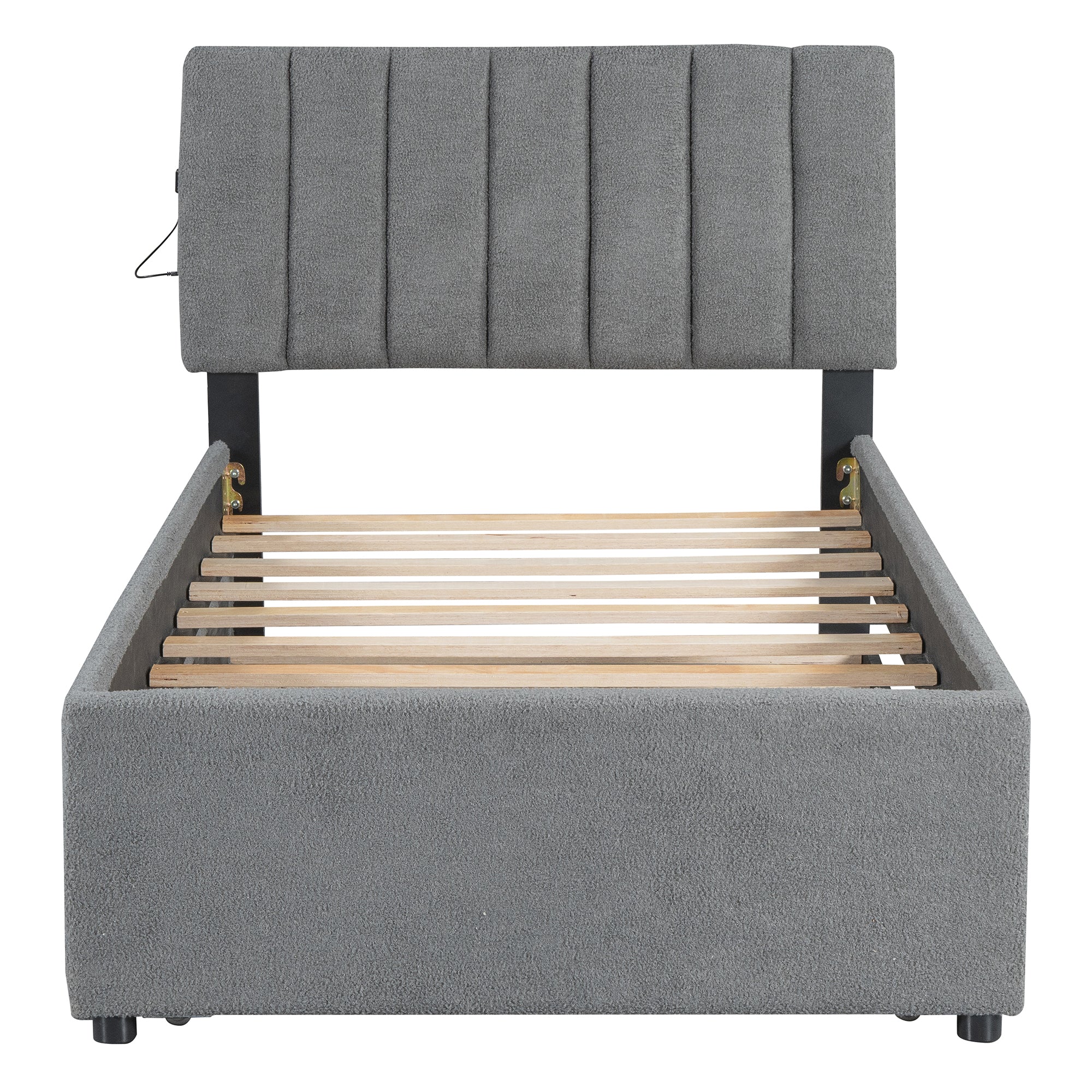 Teddy Fleece Twin Size Upholstered Platform Bed with Trundle, Gray