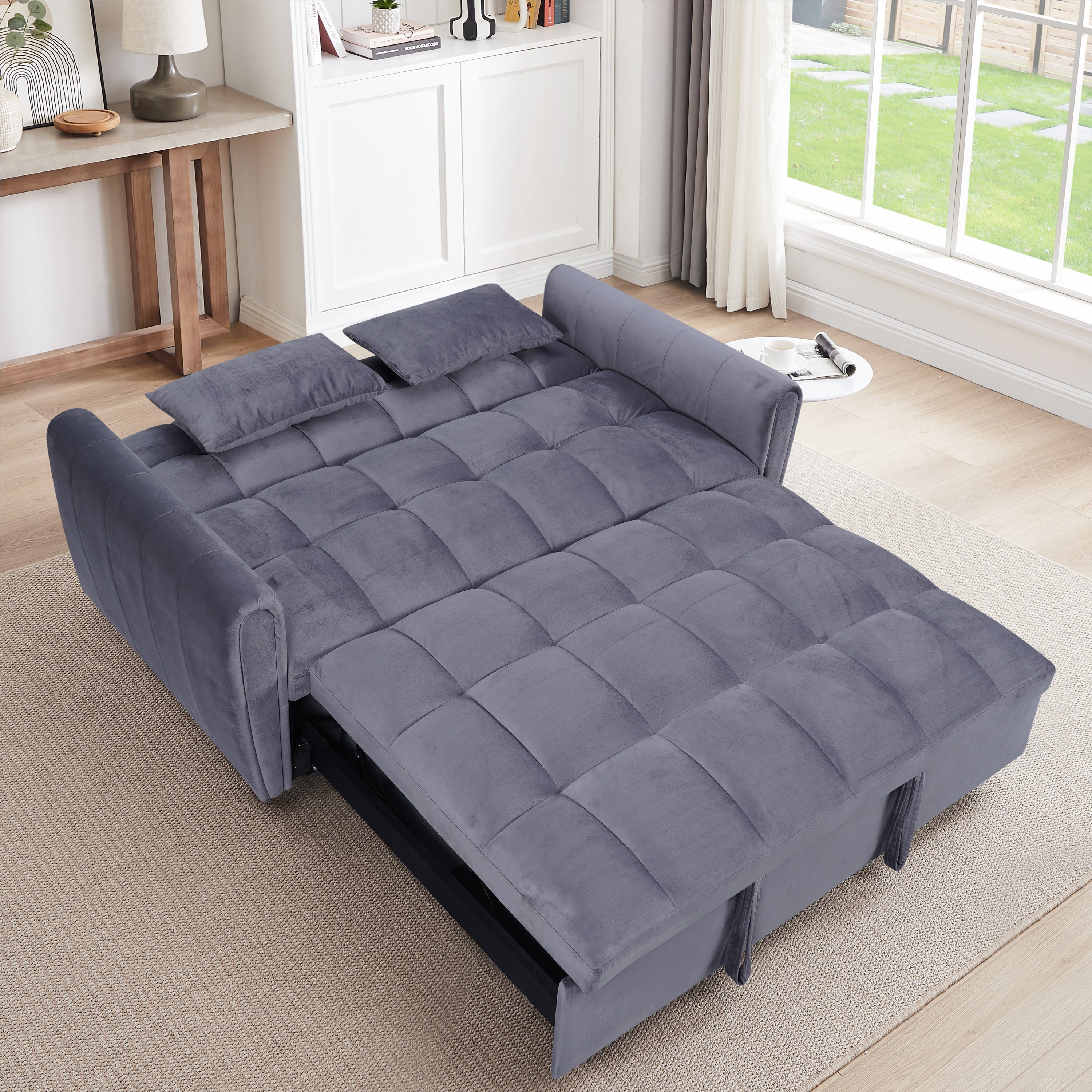 64.9 "3-in-1 foldable large size sofa bed, modern velvet double sofa, sofa bed with adjustable back, storage bag and pillow, suitable for living room, bedroom (dark grey)