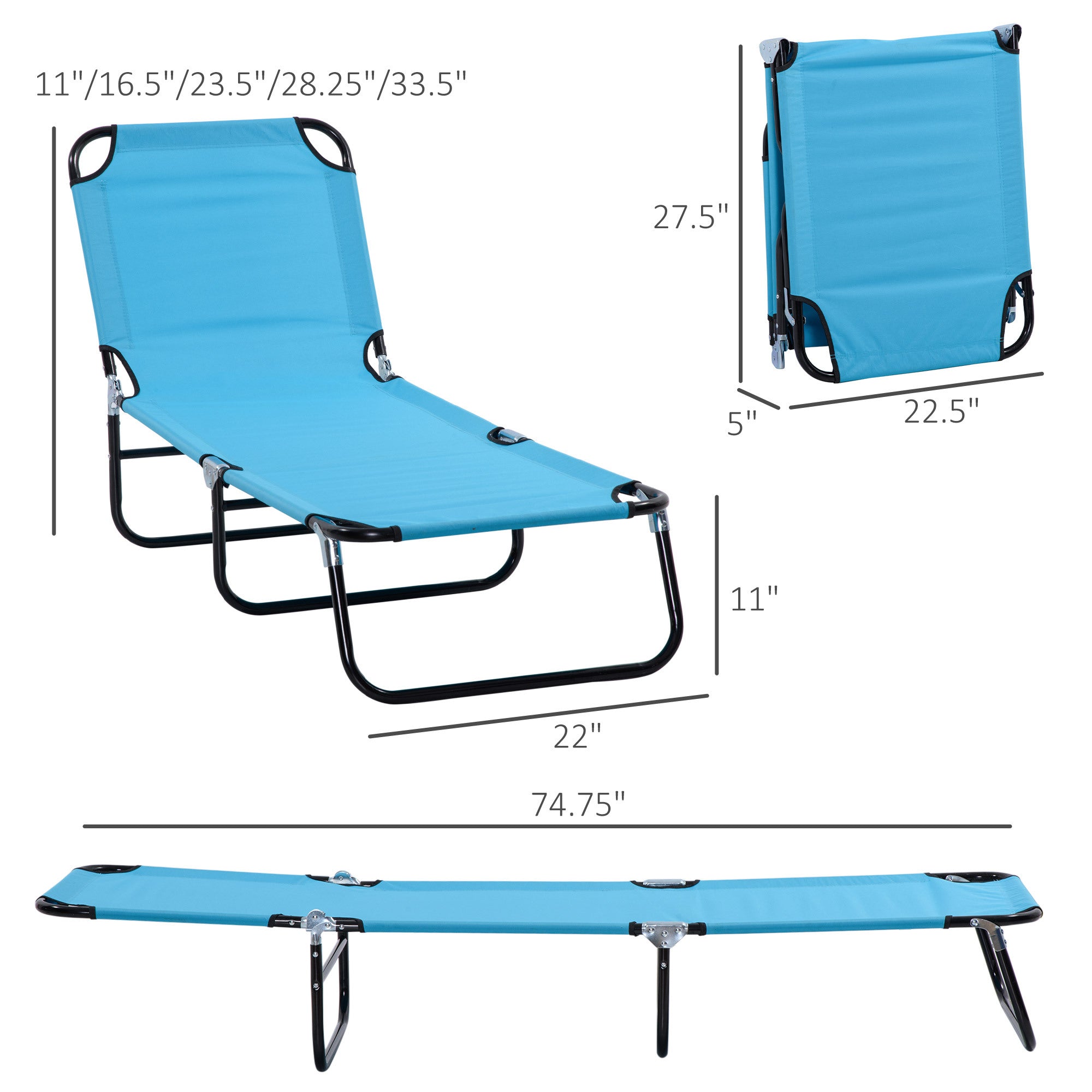 Outsunny Folding Chaise Lounge Pool Chairs, Outdoor Sun Tanning Chairs with 5-Level Reclining Back, Steel Frame for Beach, Yard, Patio, Sky Blue