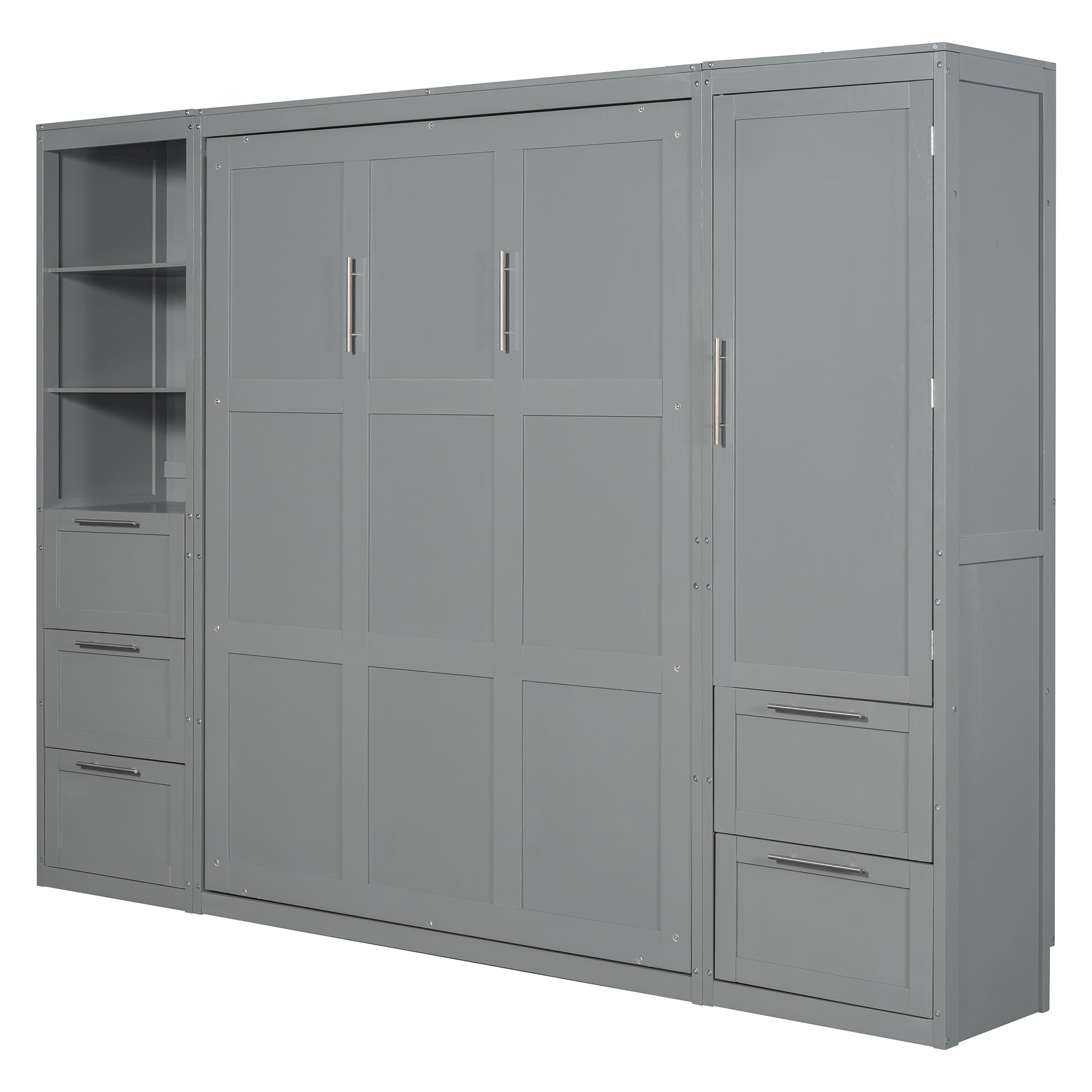 Queen Size Murphy Bed Wall Bed with Closet ,Drawers and Shelves,Gray