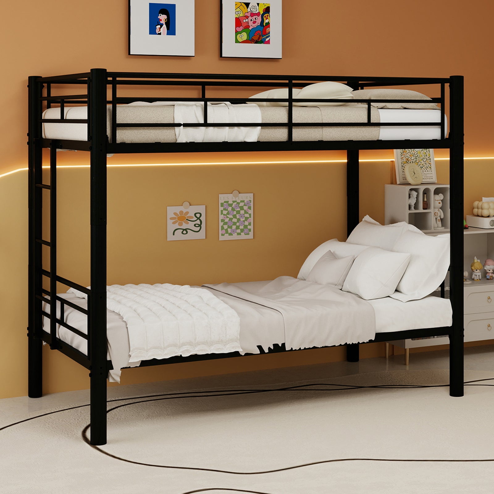 Black twin over twin convertible metal bunk bed in staged bedroom, assembled view