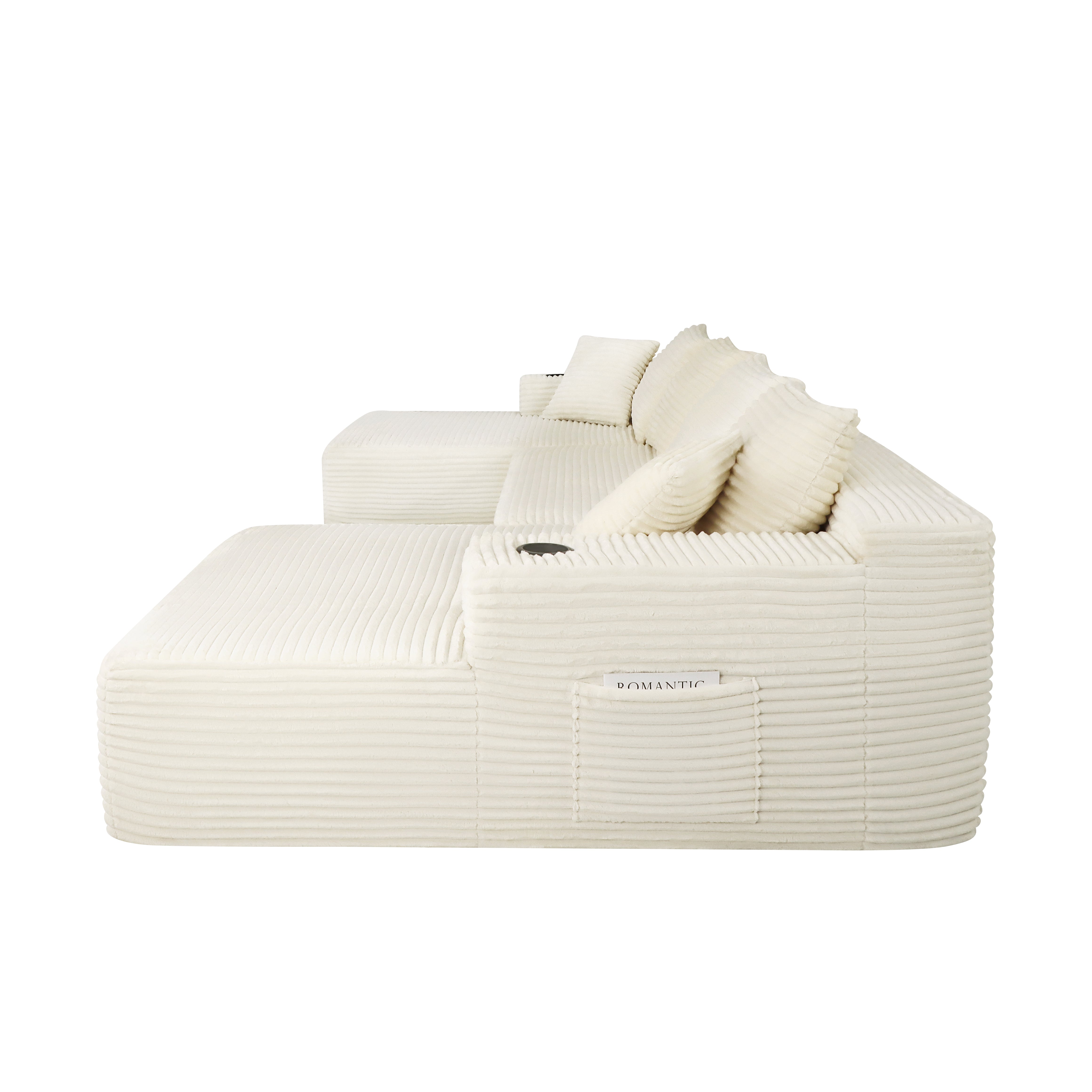Beige U-shape cloud sectional sofa, plush upholstery close-up