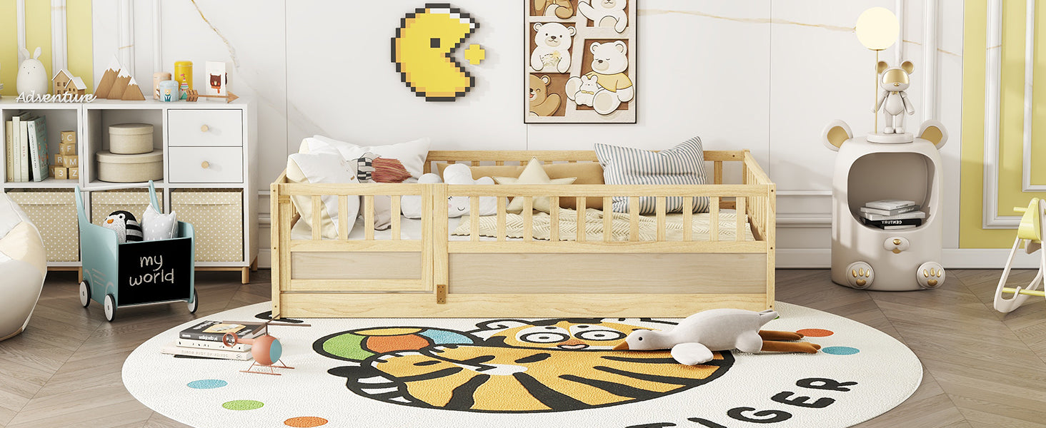 Twin Size Floor bed, integral construction with super high security barrier, door, children's floor bed frame, Montessori wooden children's floor bed, Support  slat Natural Wood