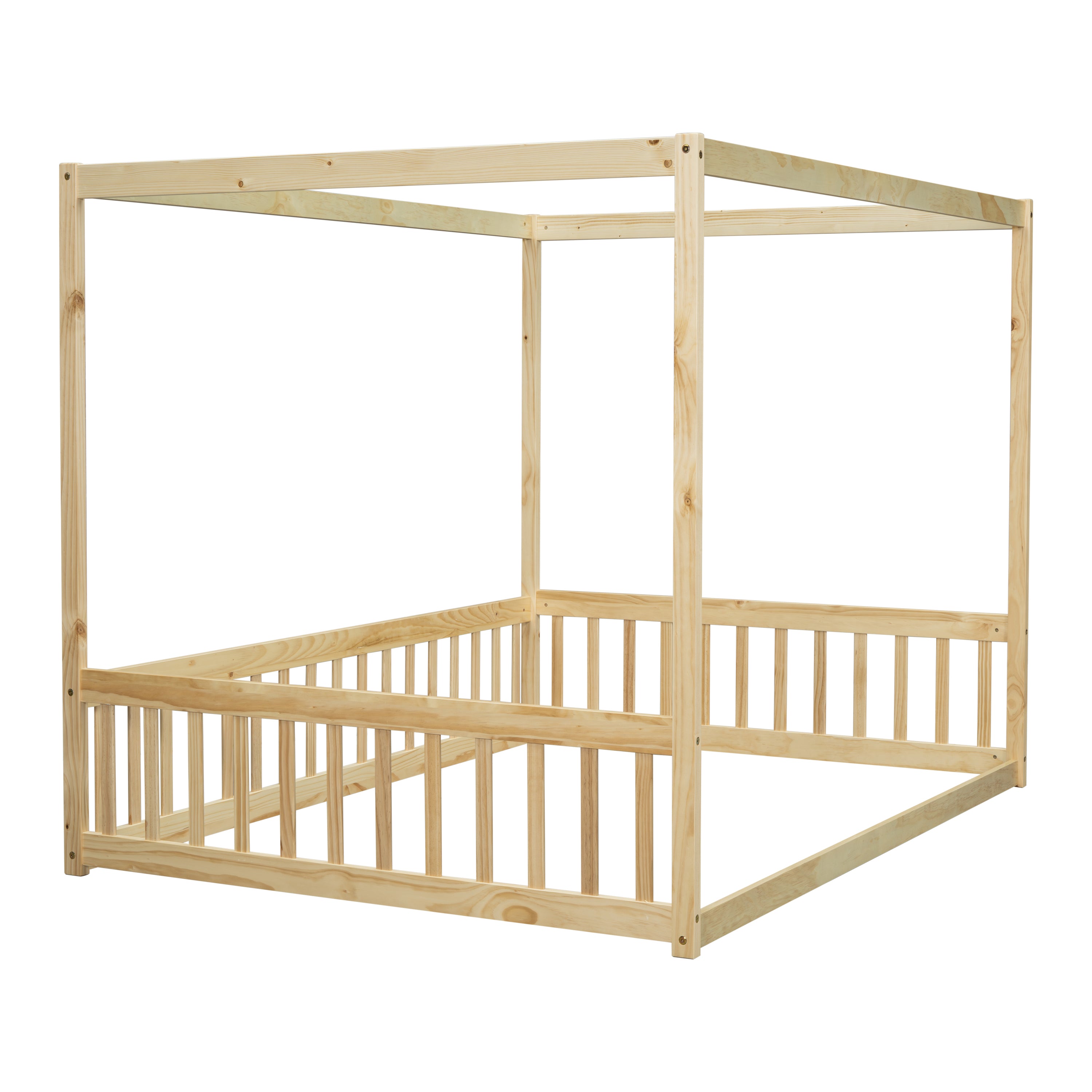 Full Size Canopy Frame Floor Bed with Fence, Guardrails,Natural