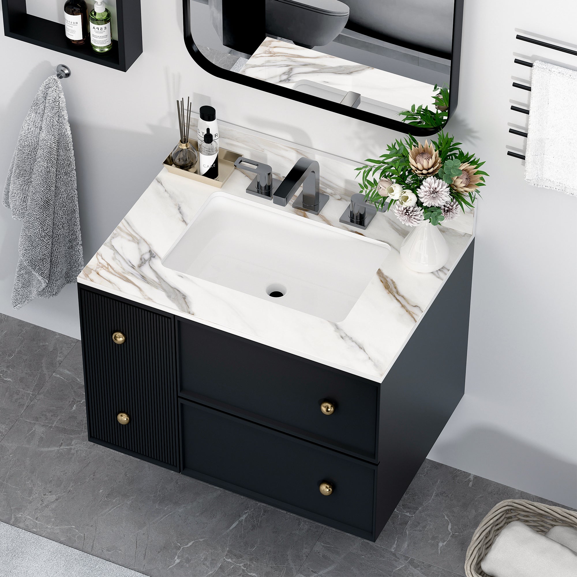 31 Inch Marble Vanity Top, Bathroom Vanity Top with Undermount Rectangular Middle Sink and 4" Height Backsplash, Pre-Drilled 8 Inch Faucet Hole Spread Vanity Top, Carrara white with veins