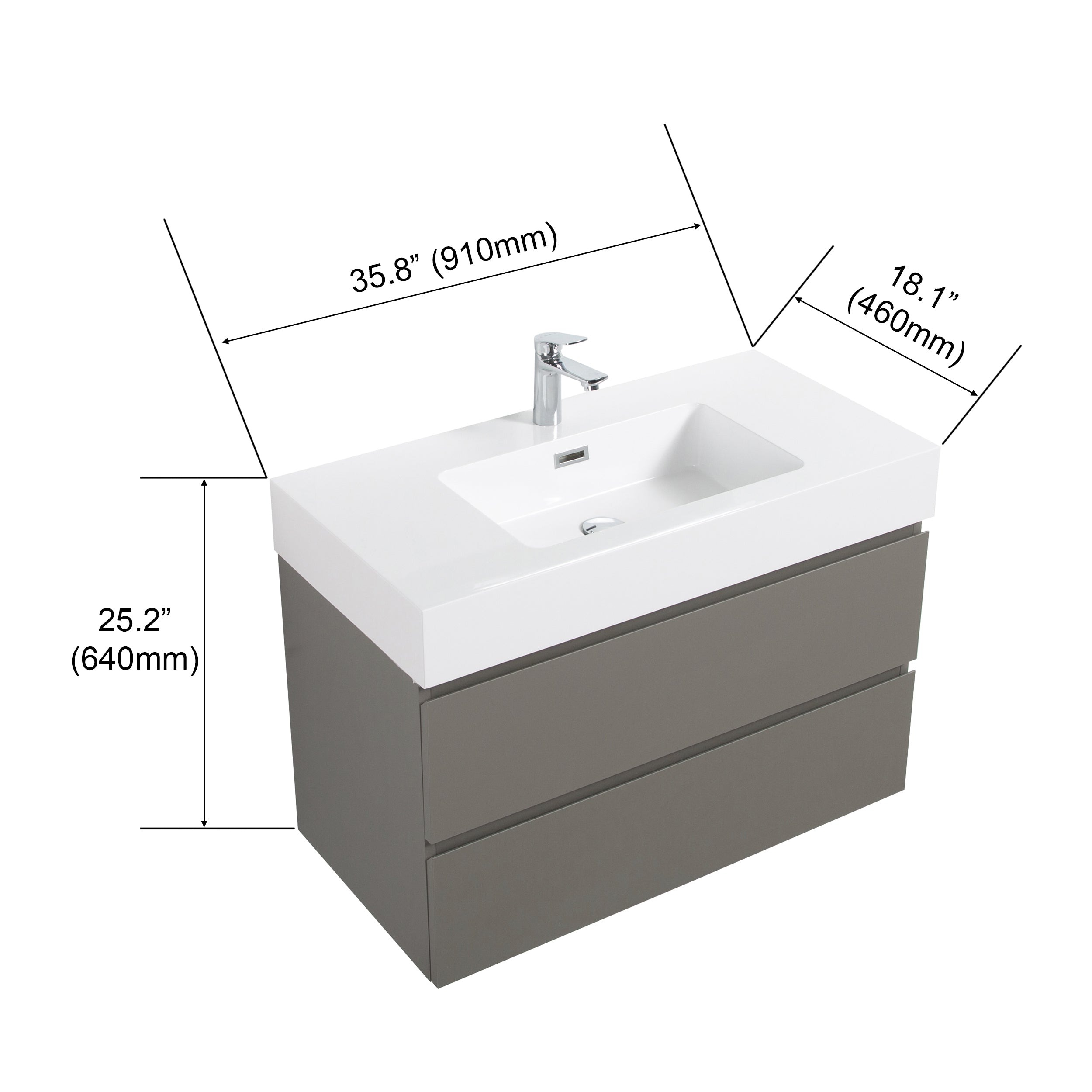 Alice 36" Gray Bathroom Vanity with Sink, Large Storage Wall Mounted Floating Bathroom Vanity for Modern Bathroom, One-Piece White Sink Basin without Drain and Faucet, Pre-assembled