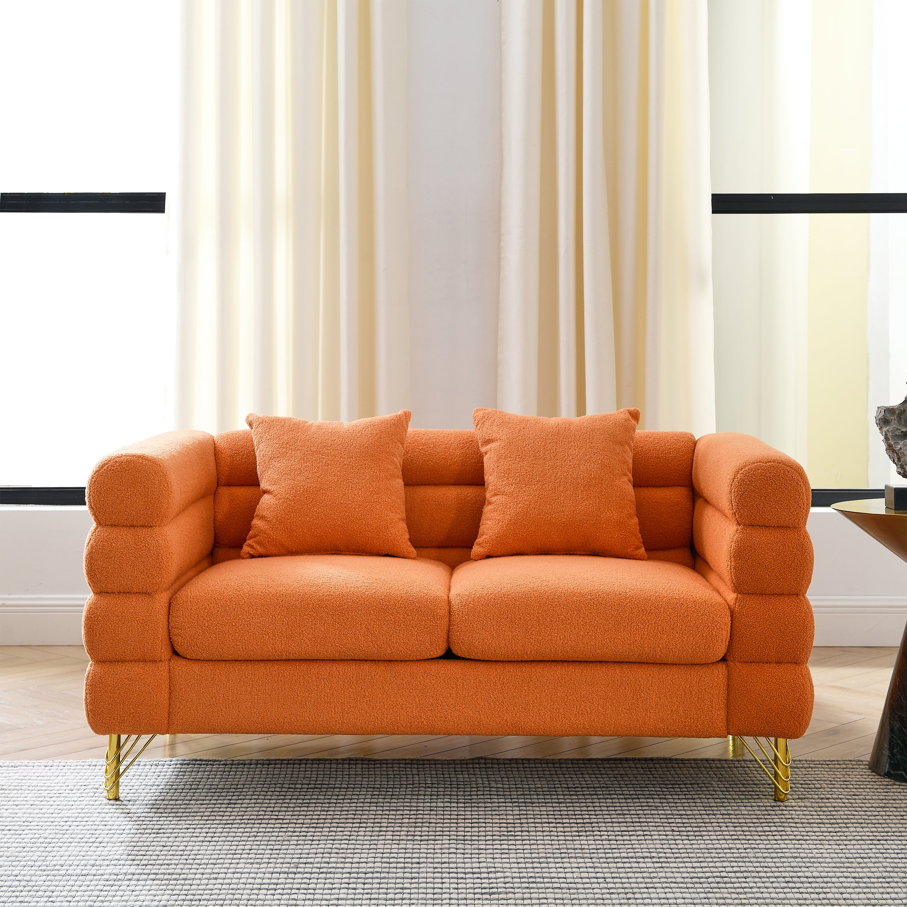 60Inch Oversized 2 Seater Sectional Sofa, Living Room Comfort Fabric Sectional Sofa-Deep Seating Sectional Sofa, Soft Sitting with 2 Pillows for Living Room,Bedroom,Office,Orange teddy(W834S00031)