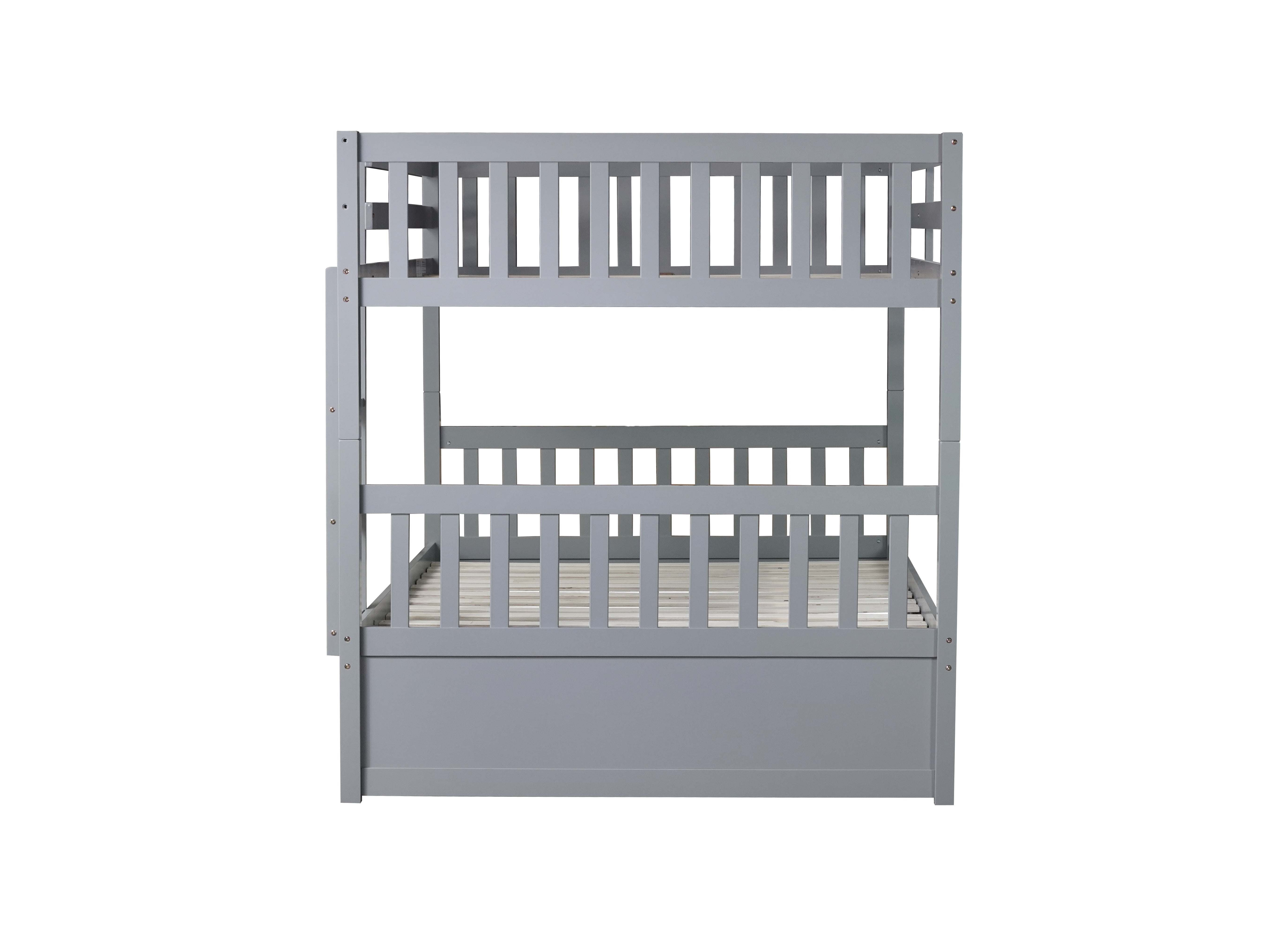 Grey full over full bunk bed with ladder and guardrails, angled view