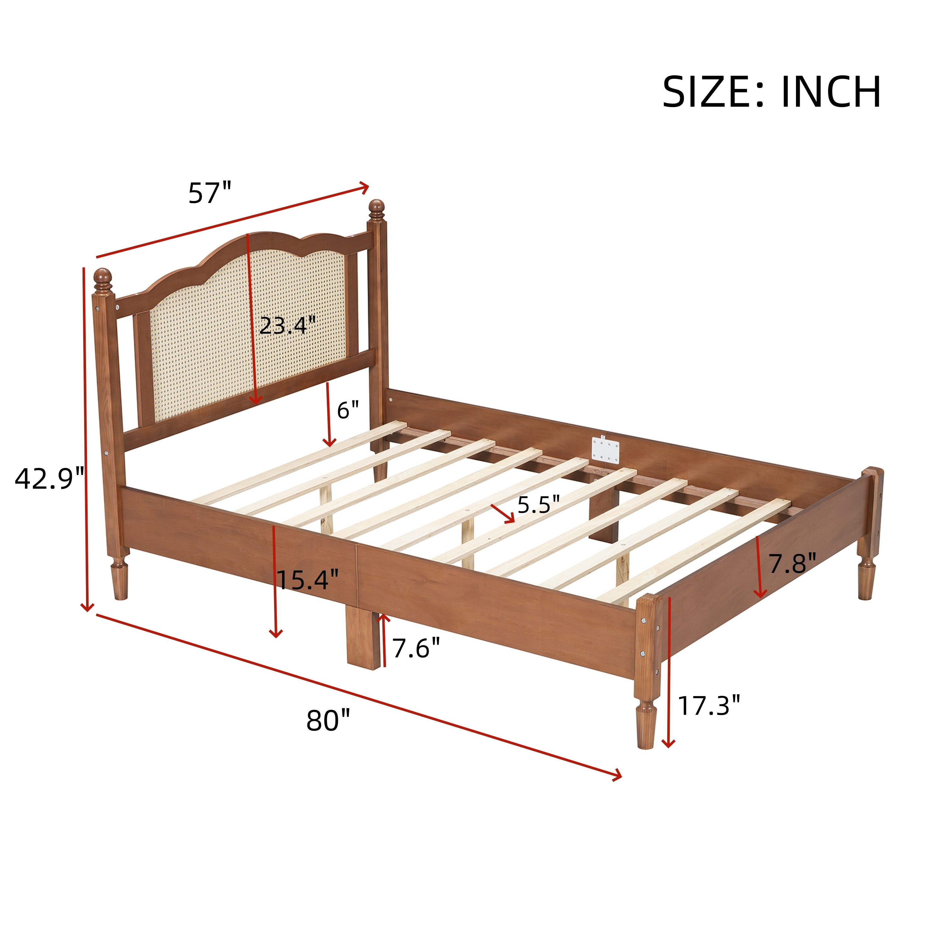 Full Size Wooden Platform Bed with Natural Rattan Headboard, Vintage Bed Frame with Wooden Slat Support, Walnut