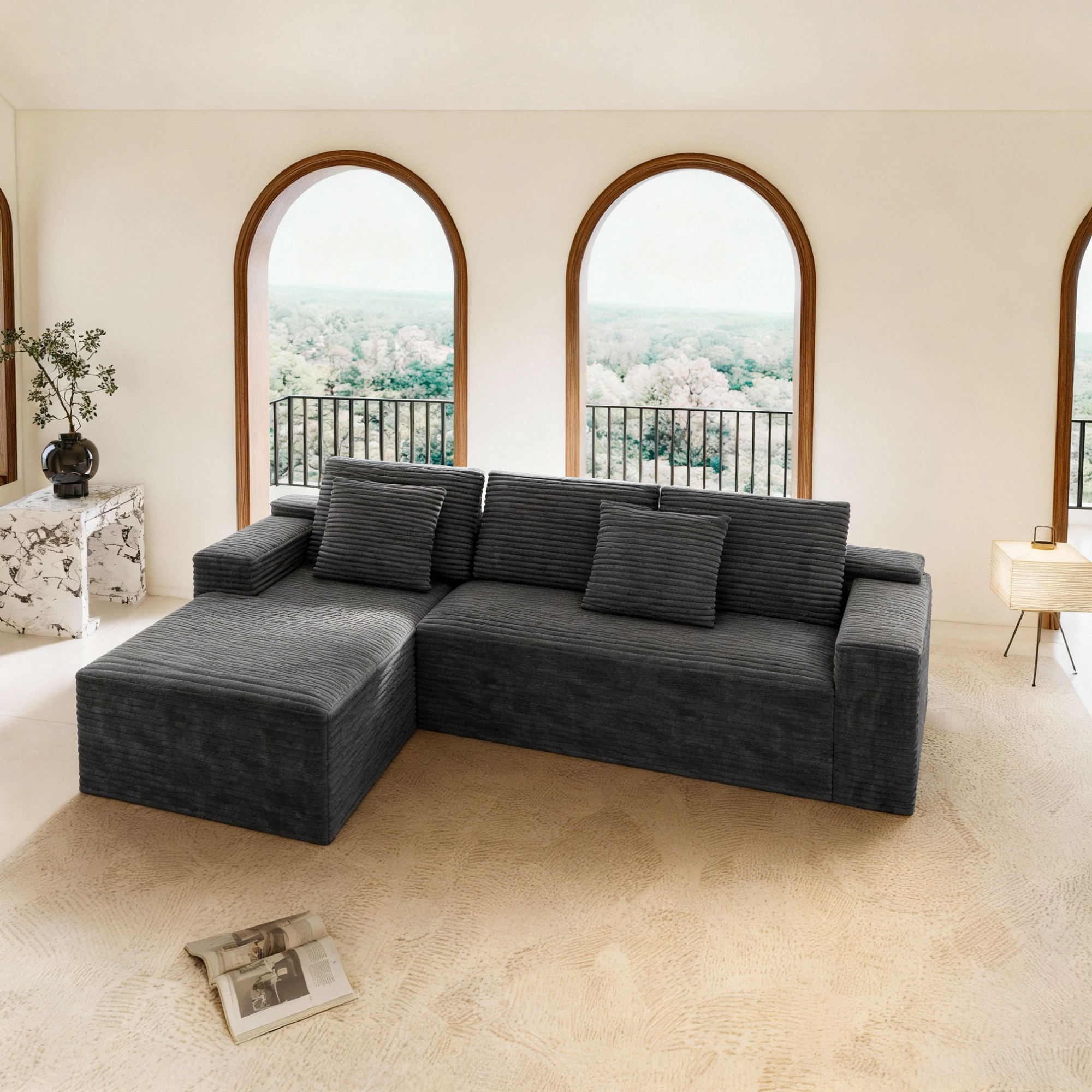 Grey corduroy modular sectional sofa, two-piece combination layout view